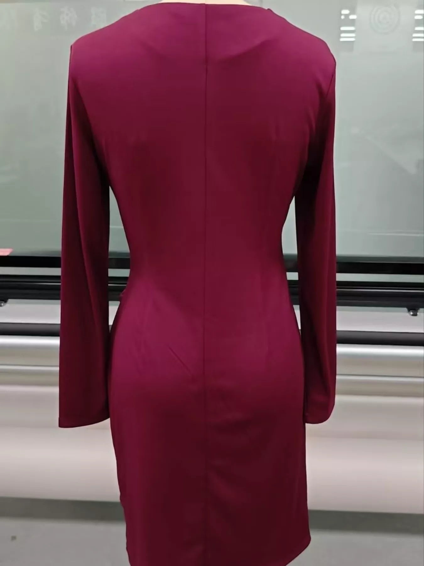 Front Ruched V-Neck Long Sleeve Dress