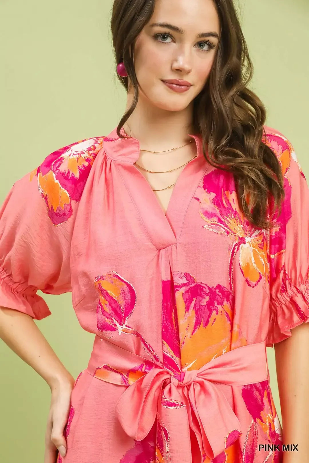 Umgee Floral Flounce Sleeve Midi Dress with Belted