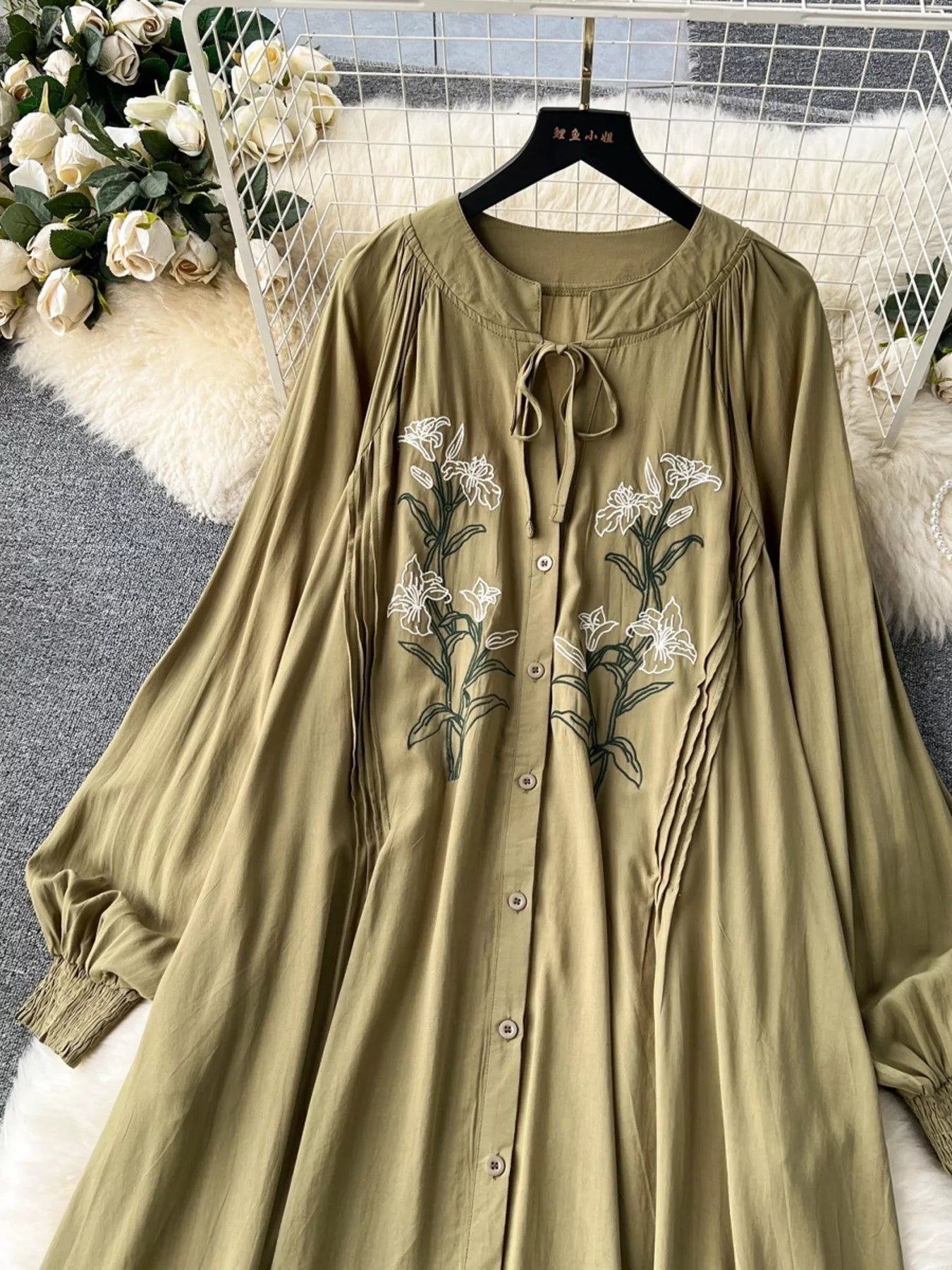 Floral Button Front Long Sleeve Dress
