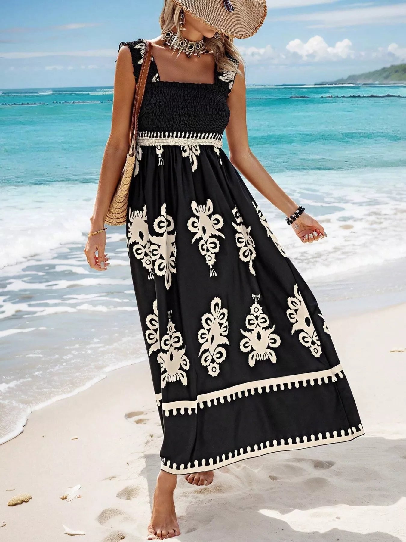 Smocked Printed Square Neck Maxi Dress