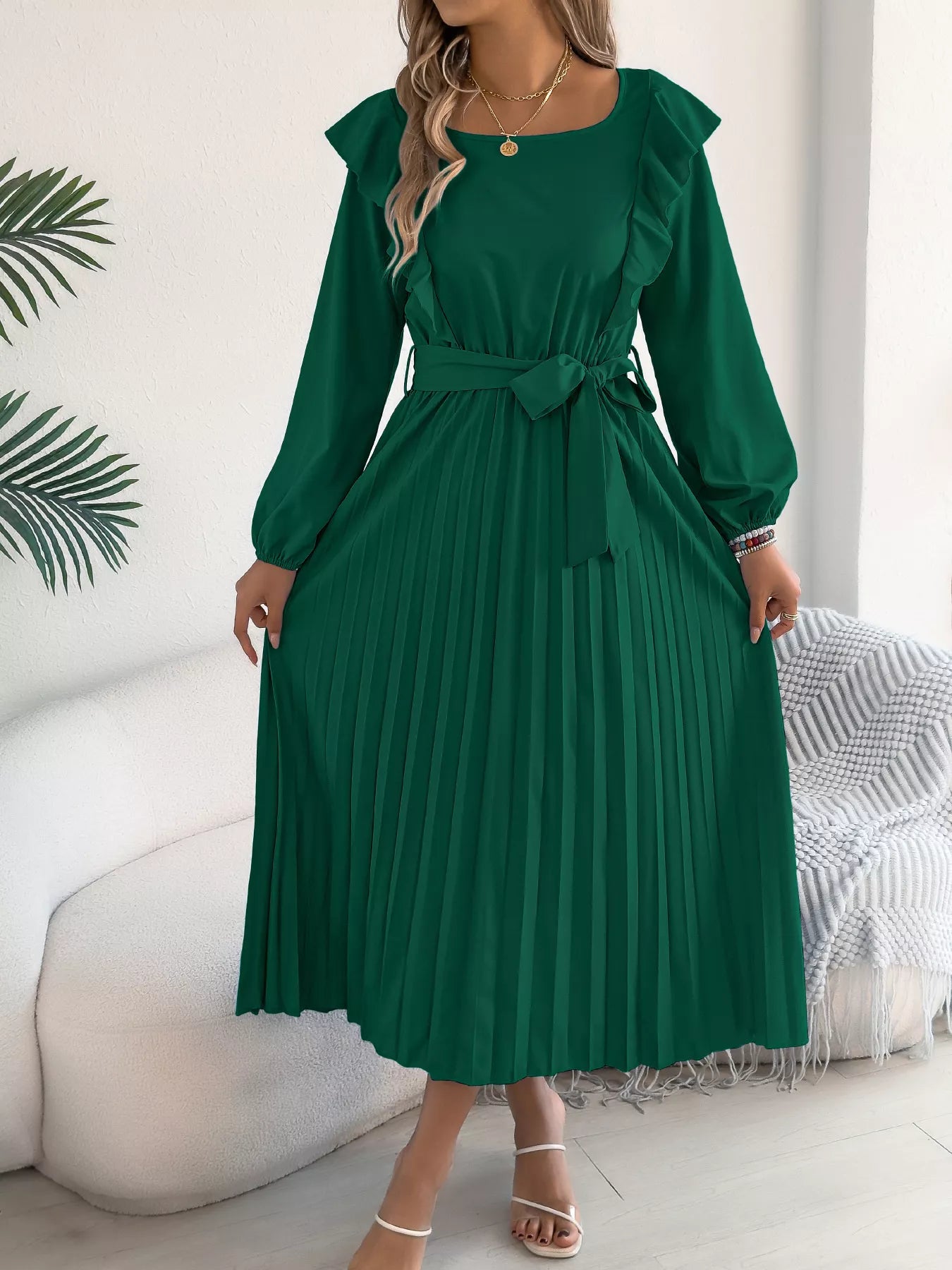 Ruffle Trim Pleated A-Line Midi Dress