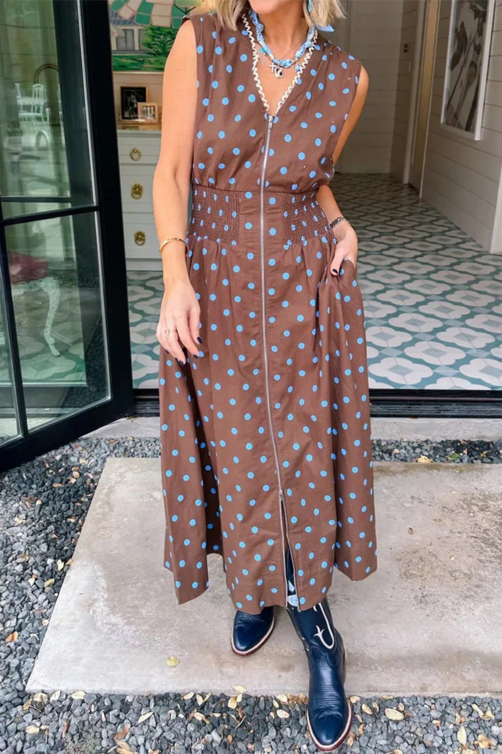 Polka Dot Zipper Front Midi Dress