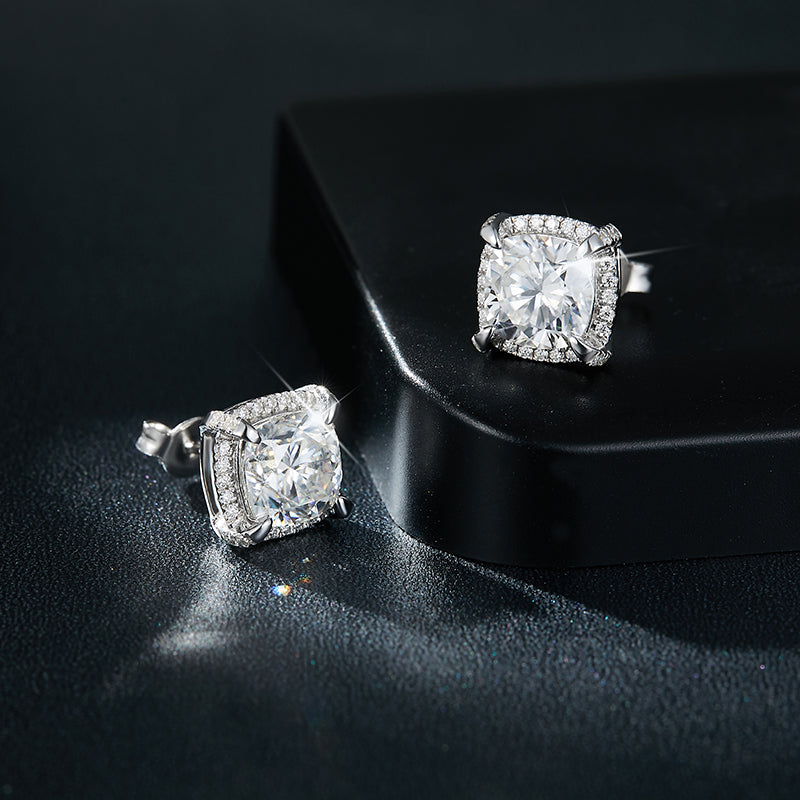 S925 Sterling Silver 8x8mm Cushion Cut Moissanite Stud Earrings Platinum Plated Halo Setting With GRA Certificate Luxury Jewelry Gift Box Set For Women