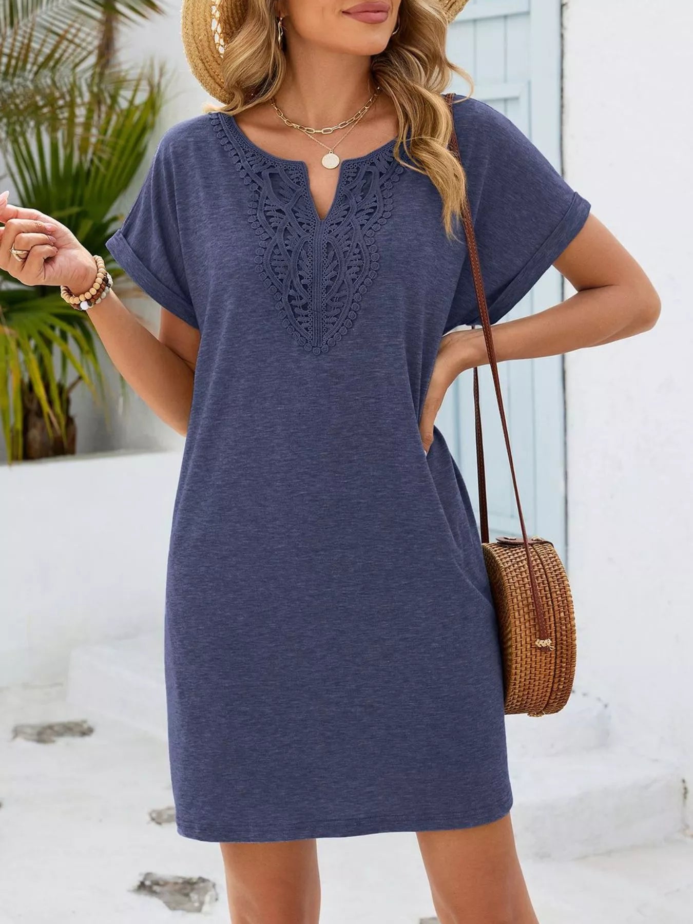 Lace Trim Notched Short Sleeve Dress