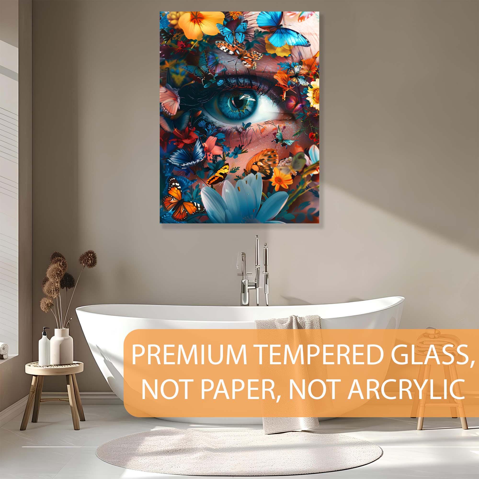 Butterfly Garden Eye Tempered Glass Wall Art | Surreal Botanical Decor