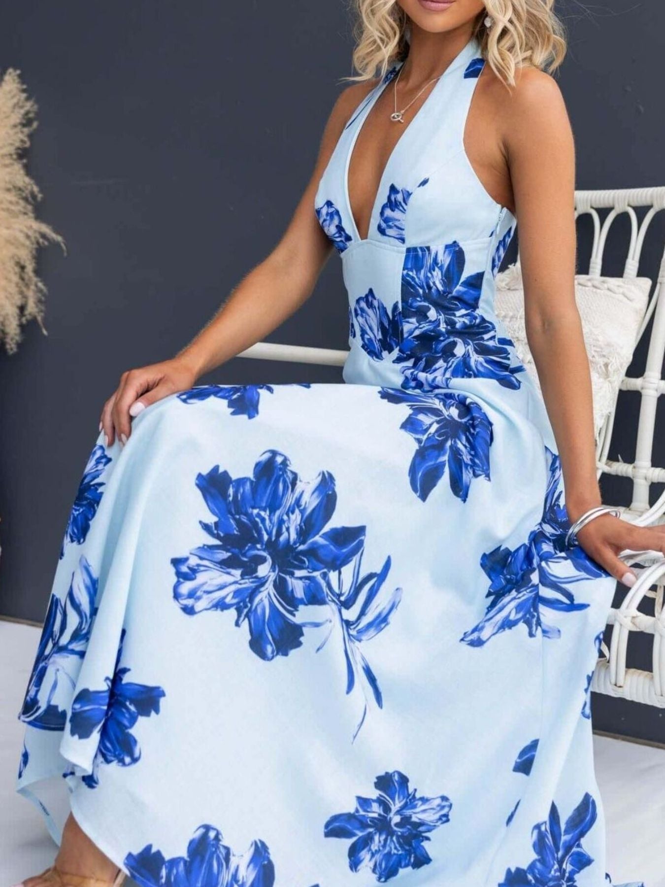 Floral Print Halter Neck Maxi Dress