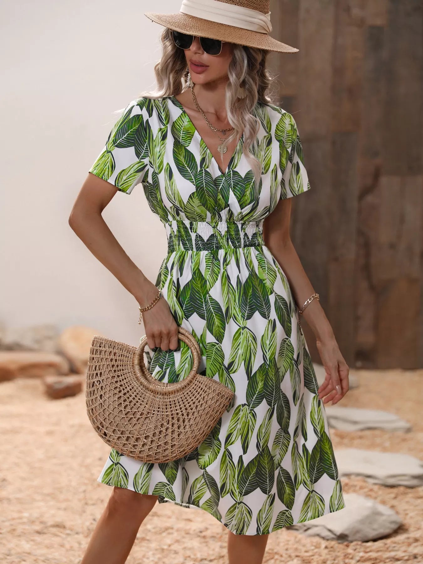 Printed Short Sleeve Midi Dress
