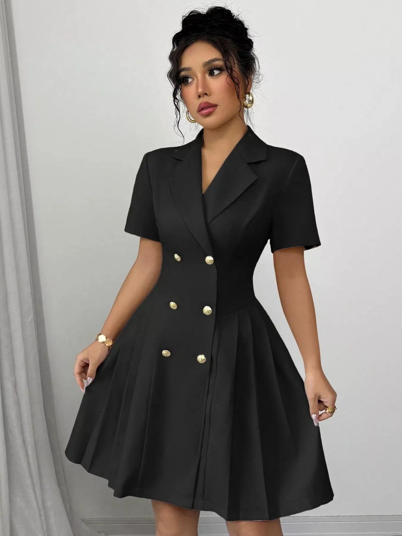 Double-Breasted Pleated Blazer Dress