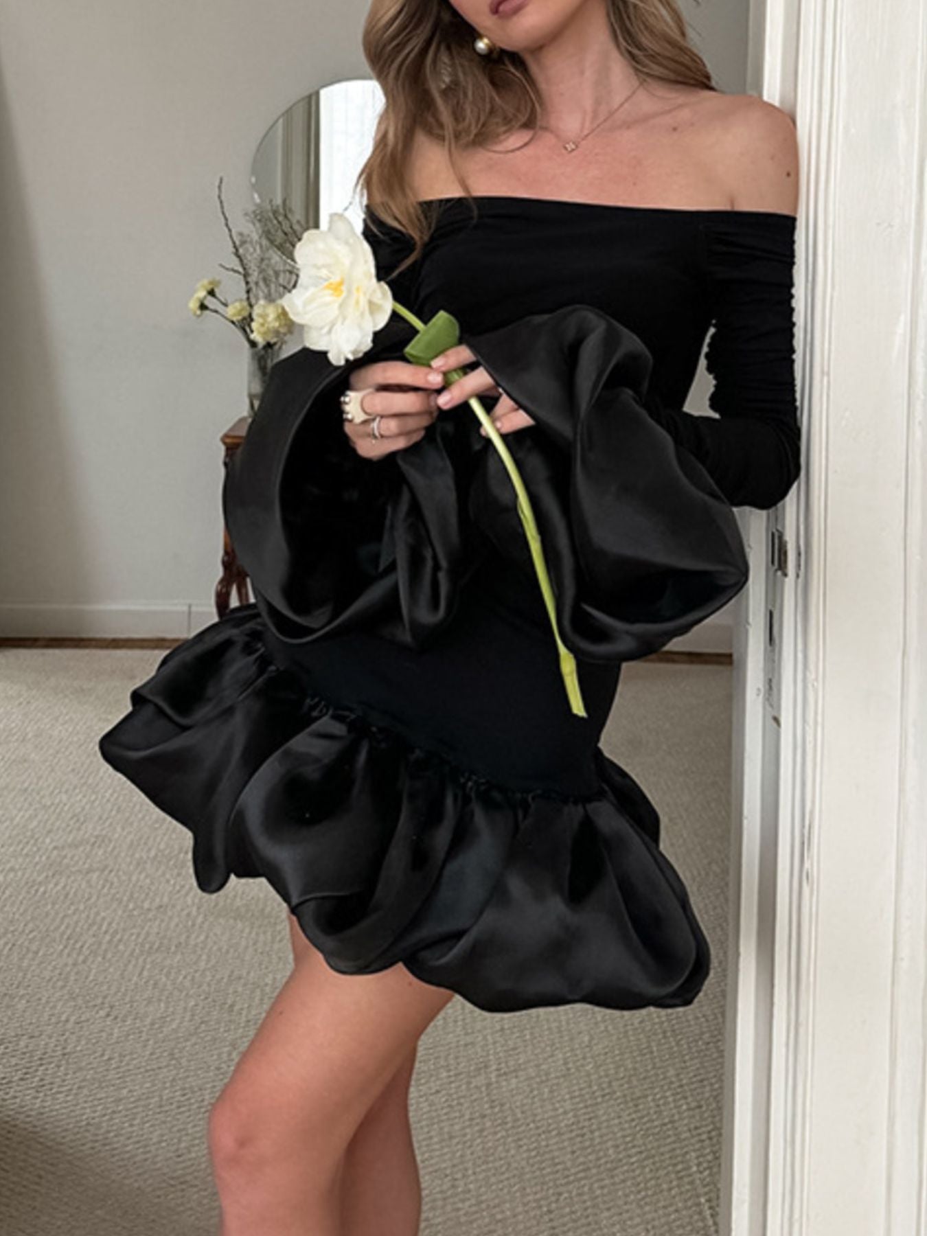Off-Shoulder Ruffle Hem Mini Dress