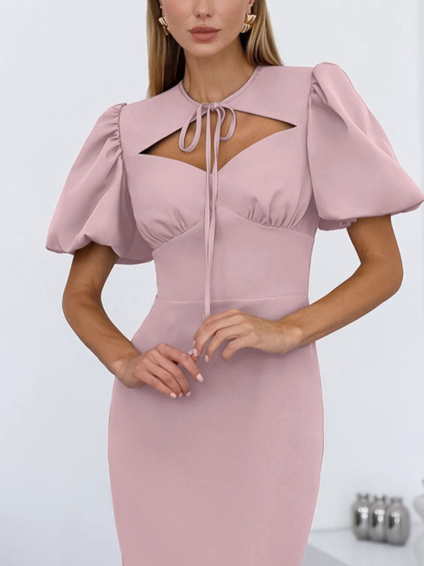 Cutout Front Puff Sleeve Dress