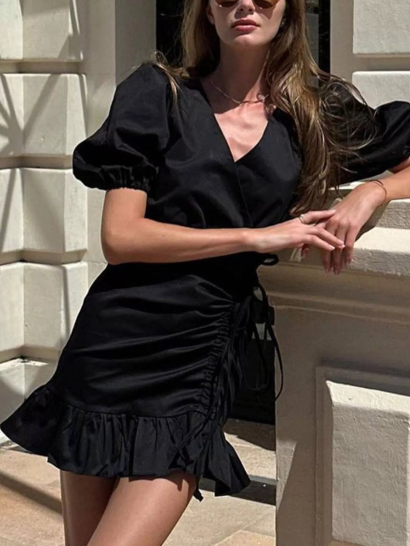 Ruffled Hem Ruched Puff Sleeve Mini Dress