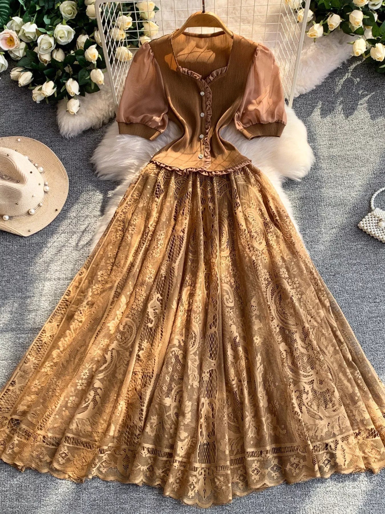 Lace Panel Puff Sleeve Dress