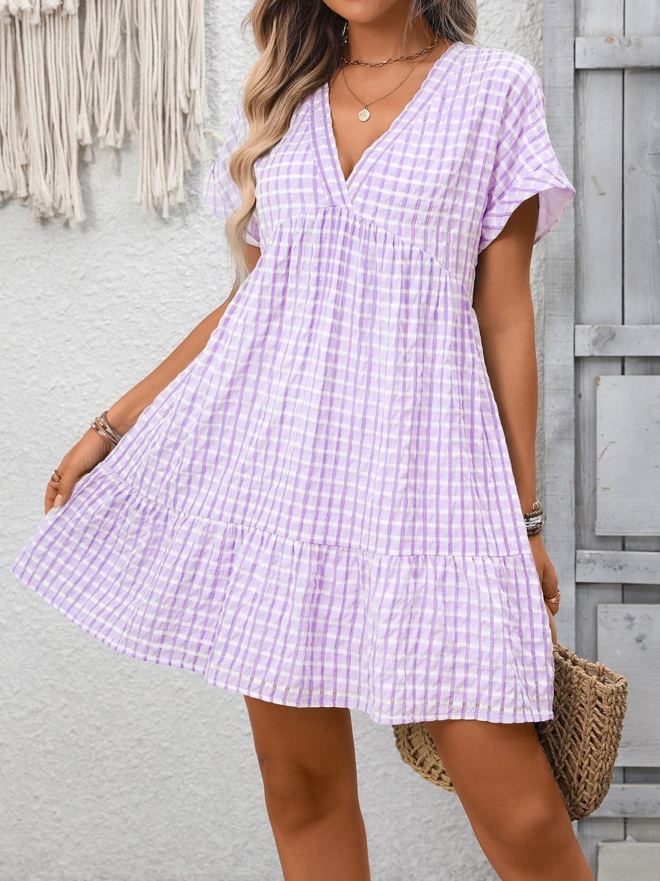 Plaid V-Neck Ruffle Hem Mini Dress