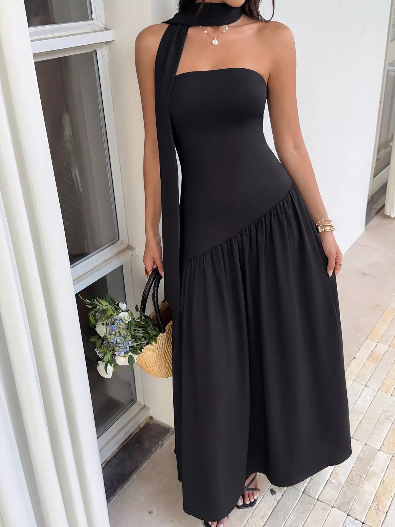 Slit Tube Maxi Dress with Scarf
