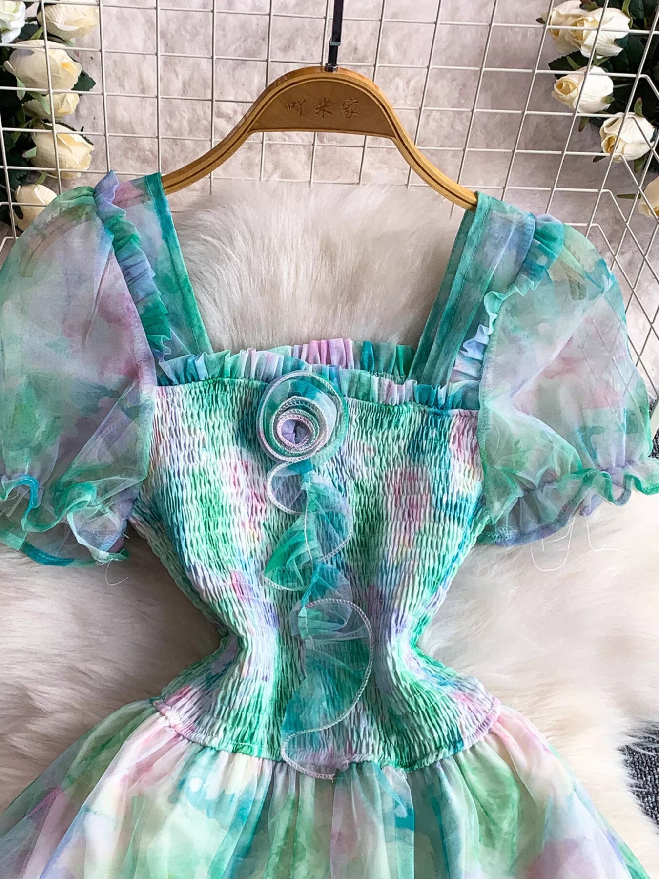 Smocked Floral Tiered Mesh Midi Dress