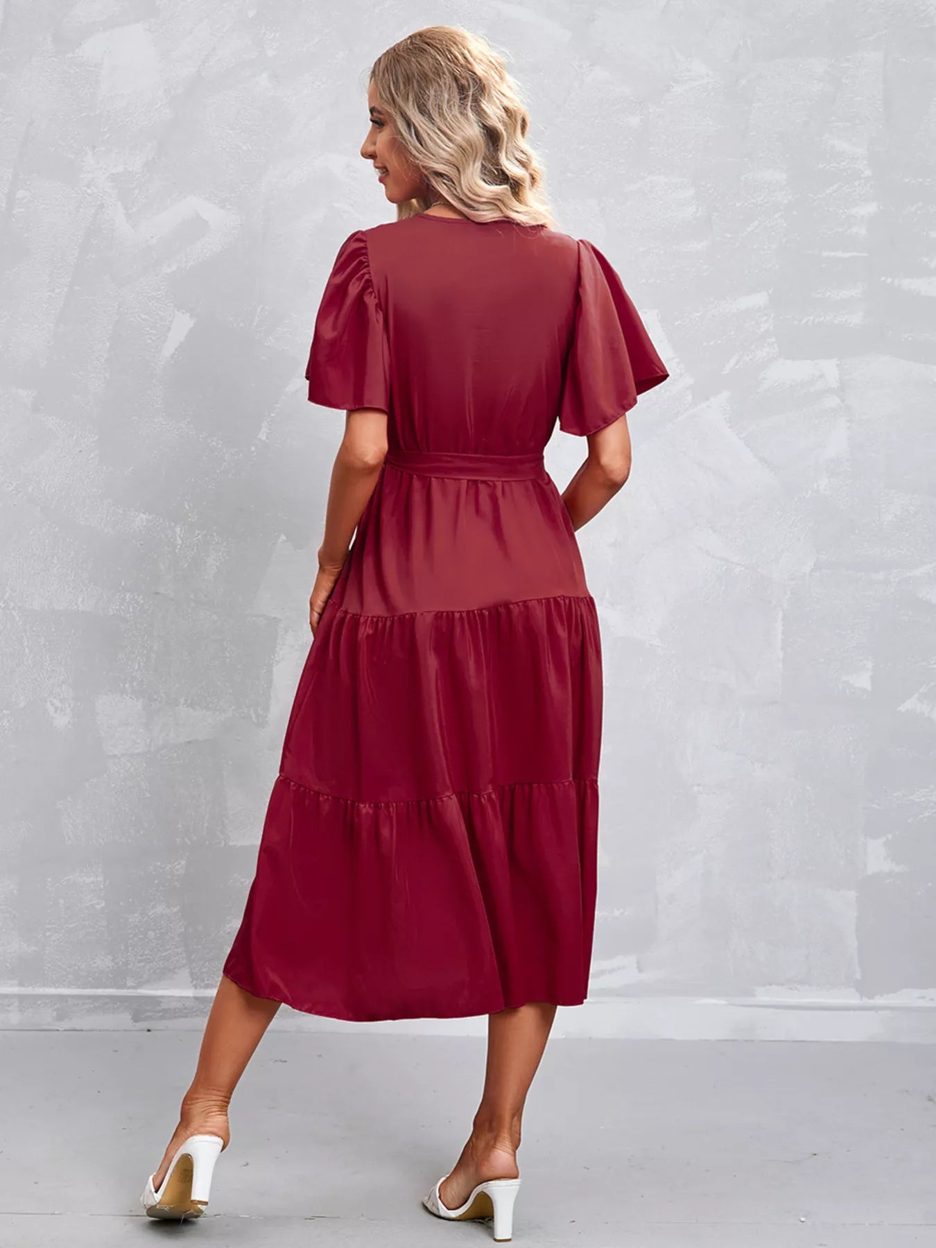 Flutter Sleeve Tiered Midi Dress