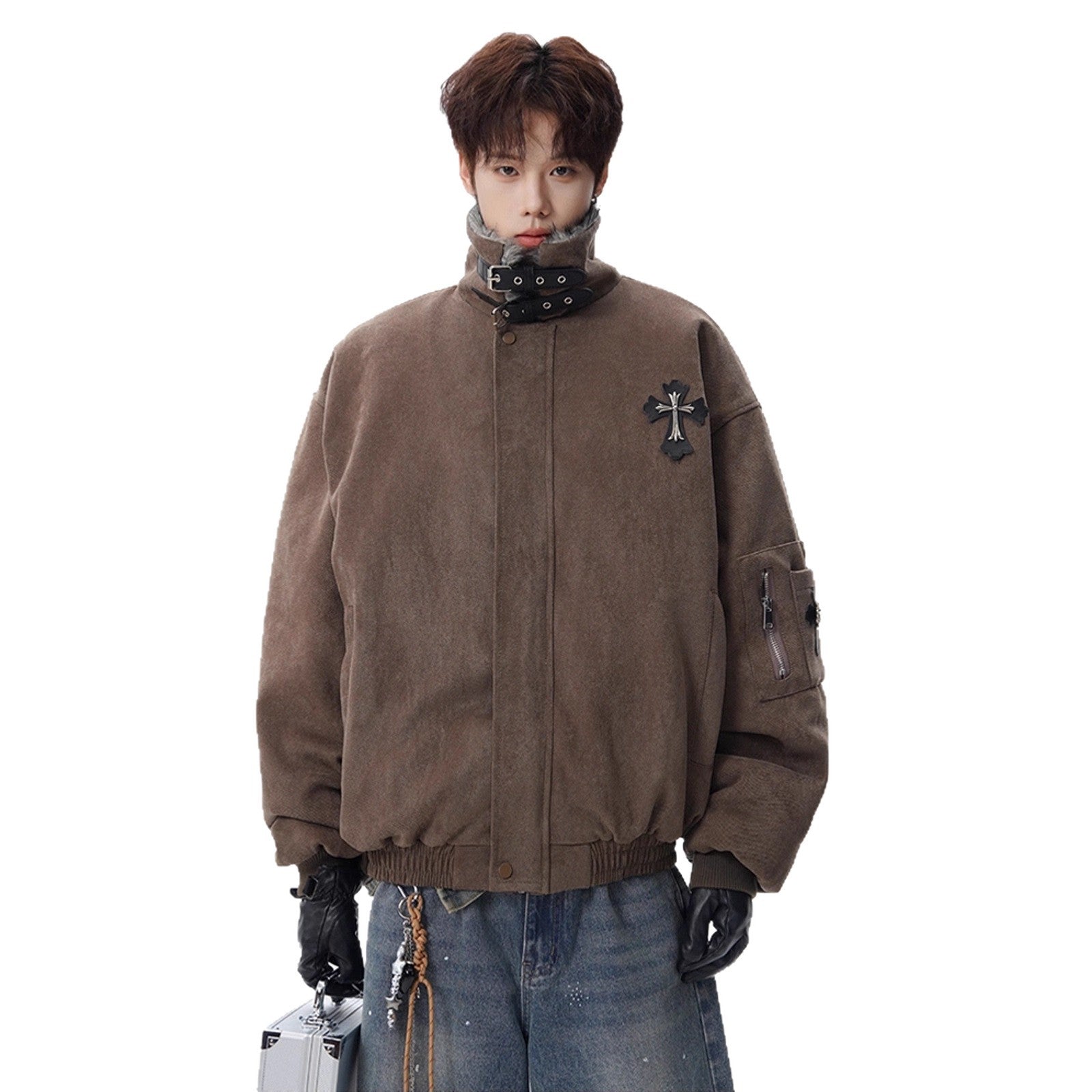 Cross Mountain Eagle Fur-Collar Cotton Coat for Men, Winter Fleece-Lined Thick Warm Cotton Jacket, High-End Style
