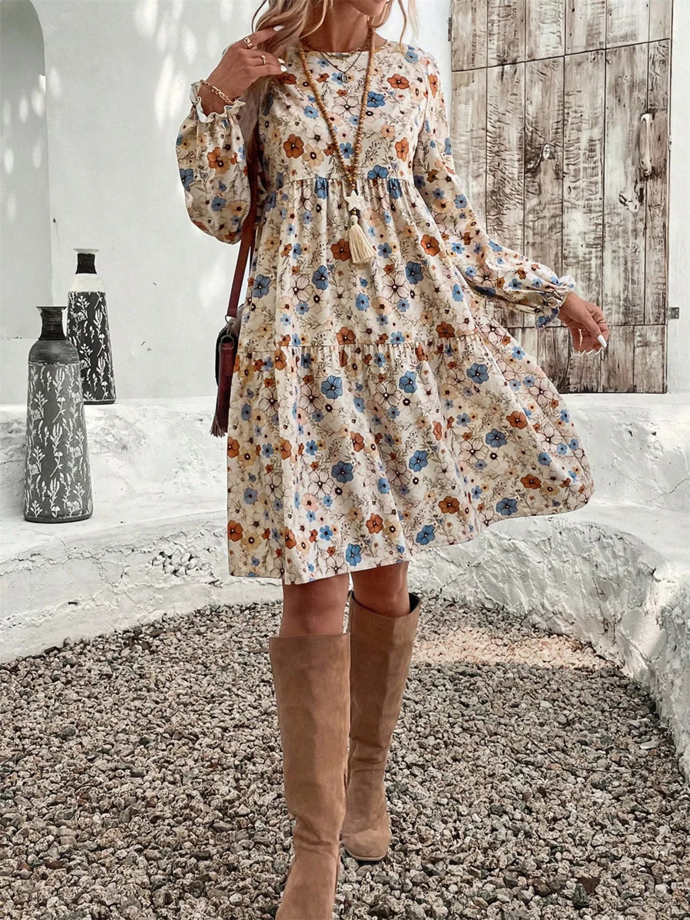 Floral Print Ruffle Hem Long Sleeve Casual Dress