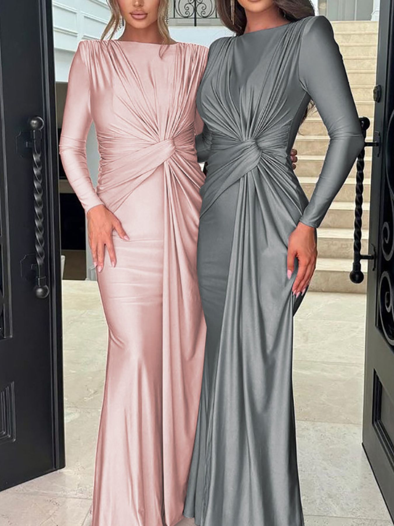 Ruched Knot Front Long Sleeve Maxi Dress