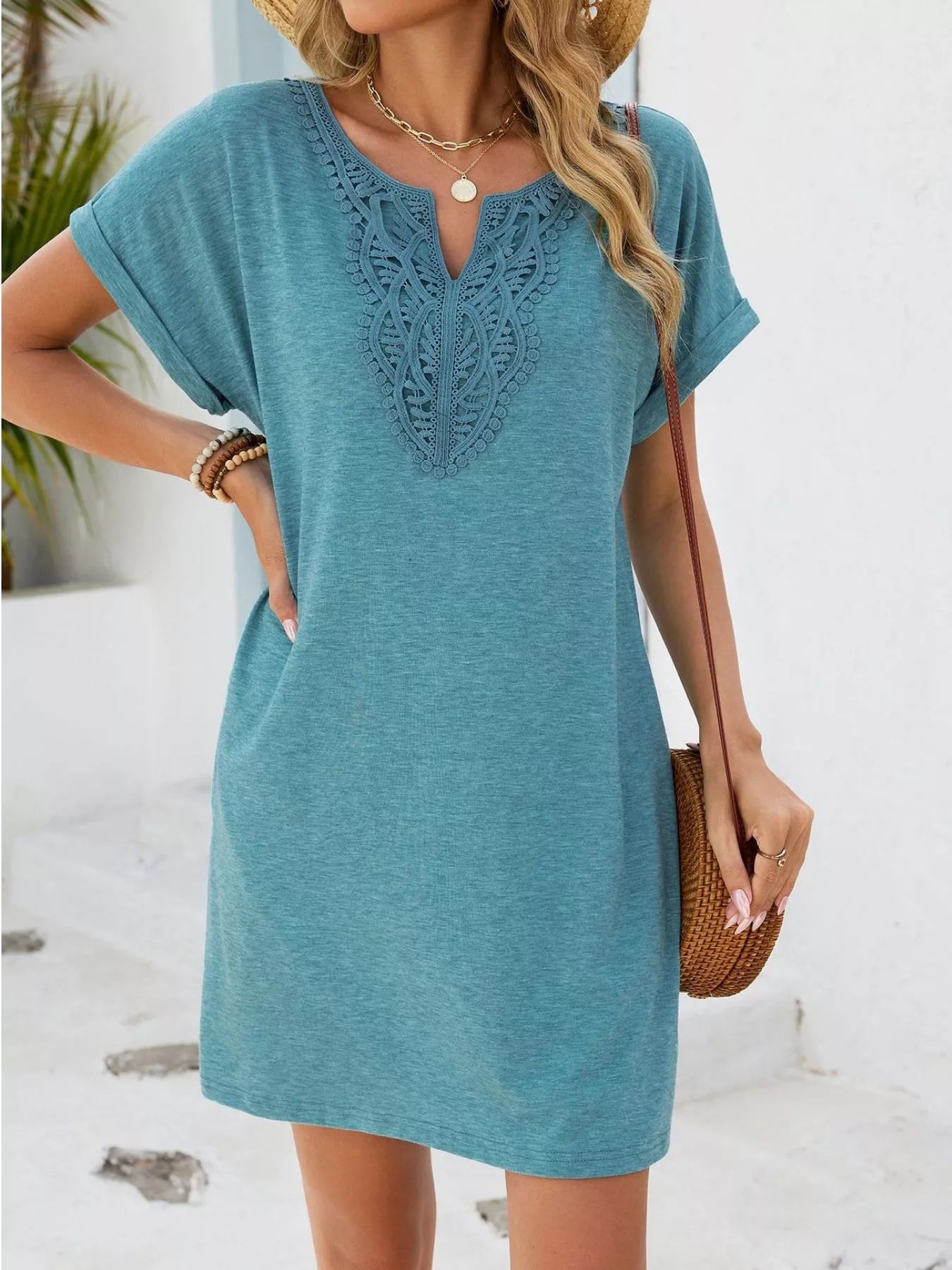 Lace Trim Notched Short Sleeve Dress