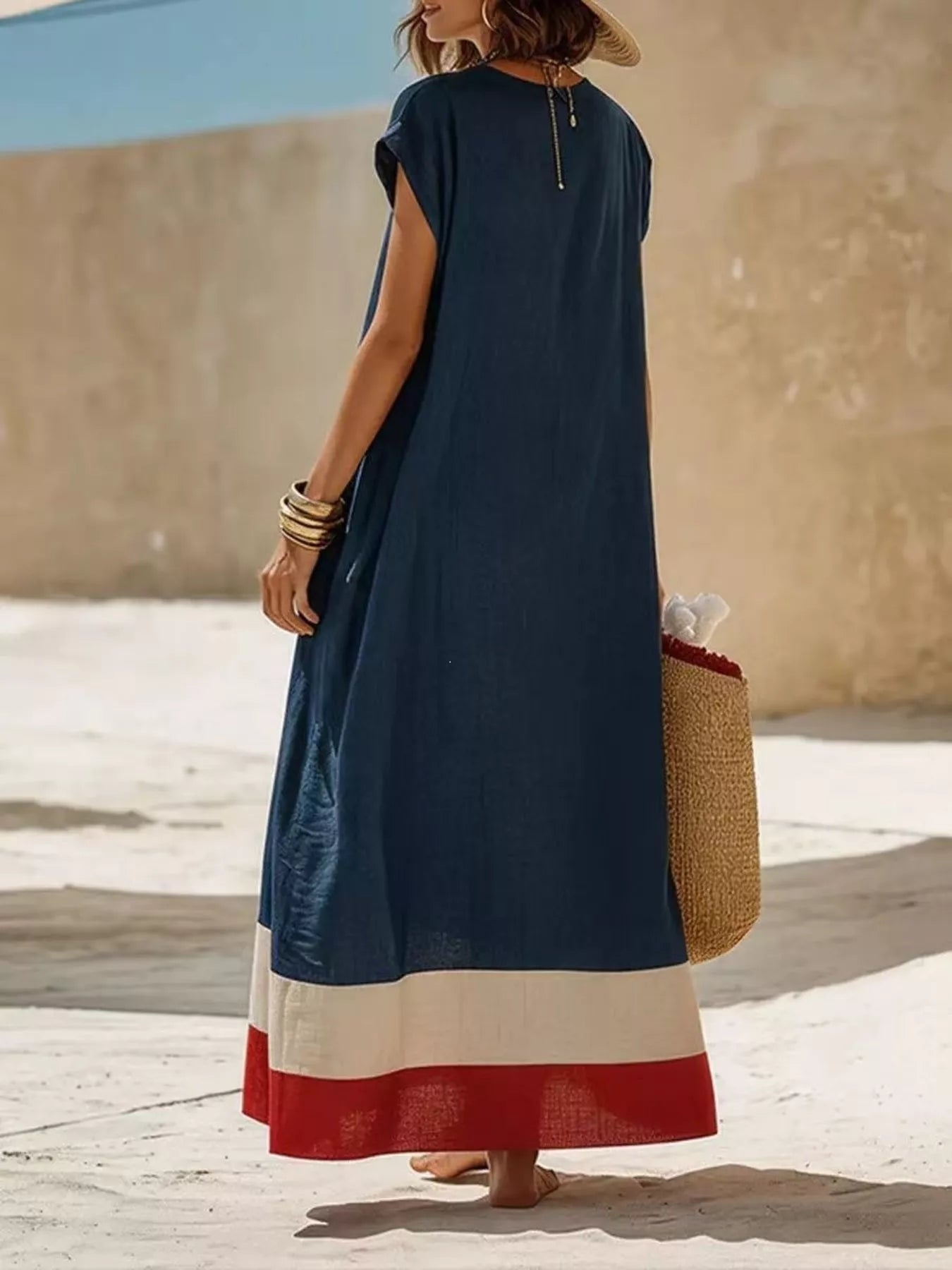 Color Block Hem V-Neck Maxi Dress