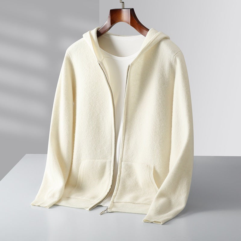 Fall Winter New Cashmere Zip-Up Hooded Sweater Set for Men, Thick Loose Knit Cardigan Jacket
