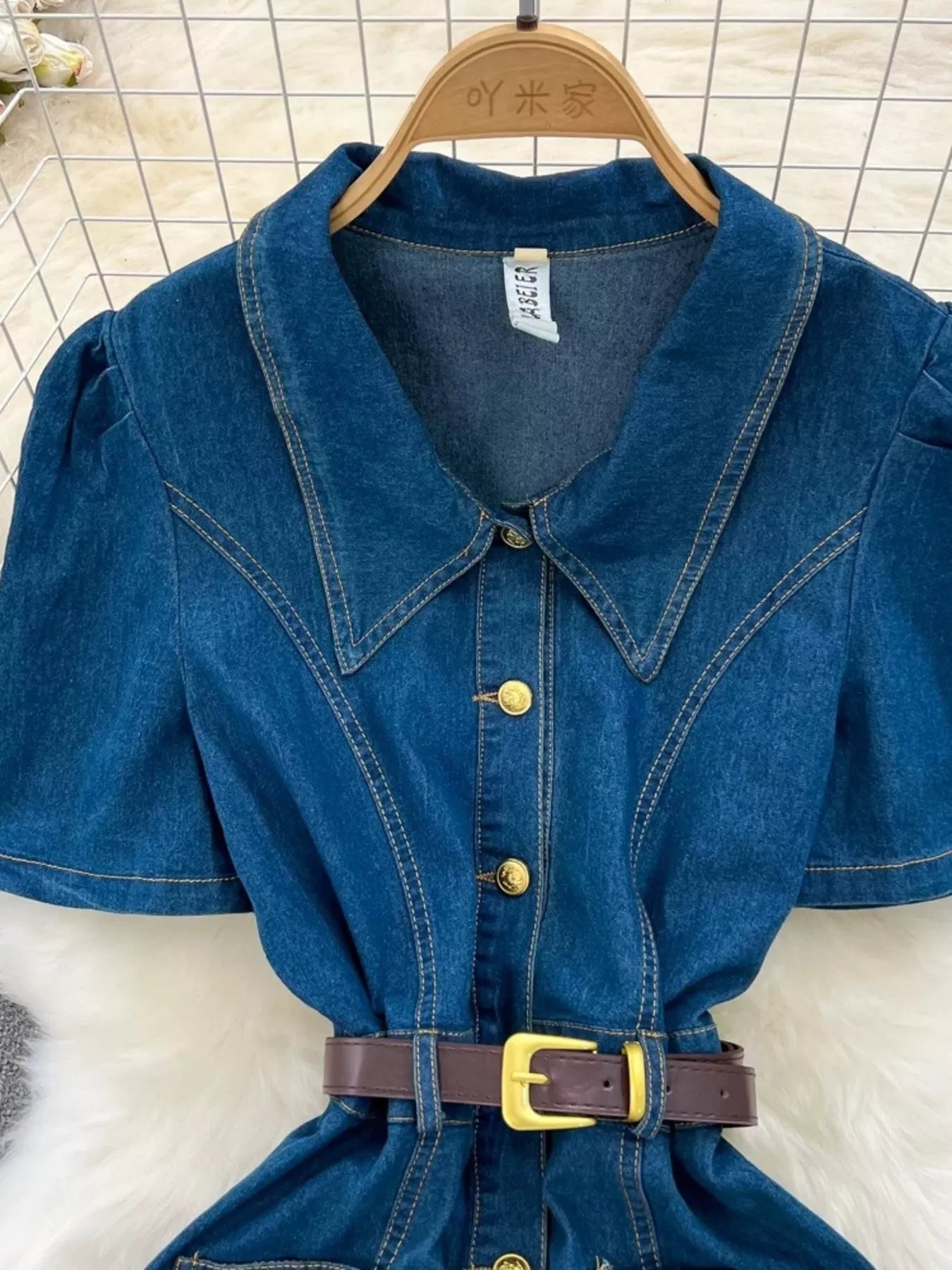 Button Front Short Sleeve Denim Dress