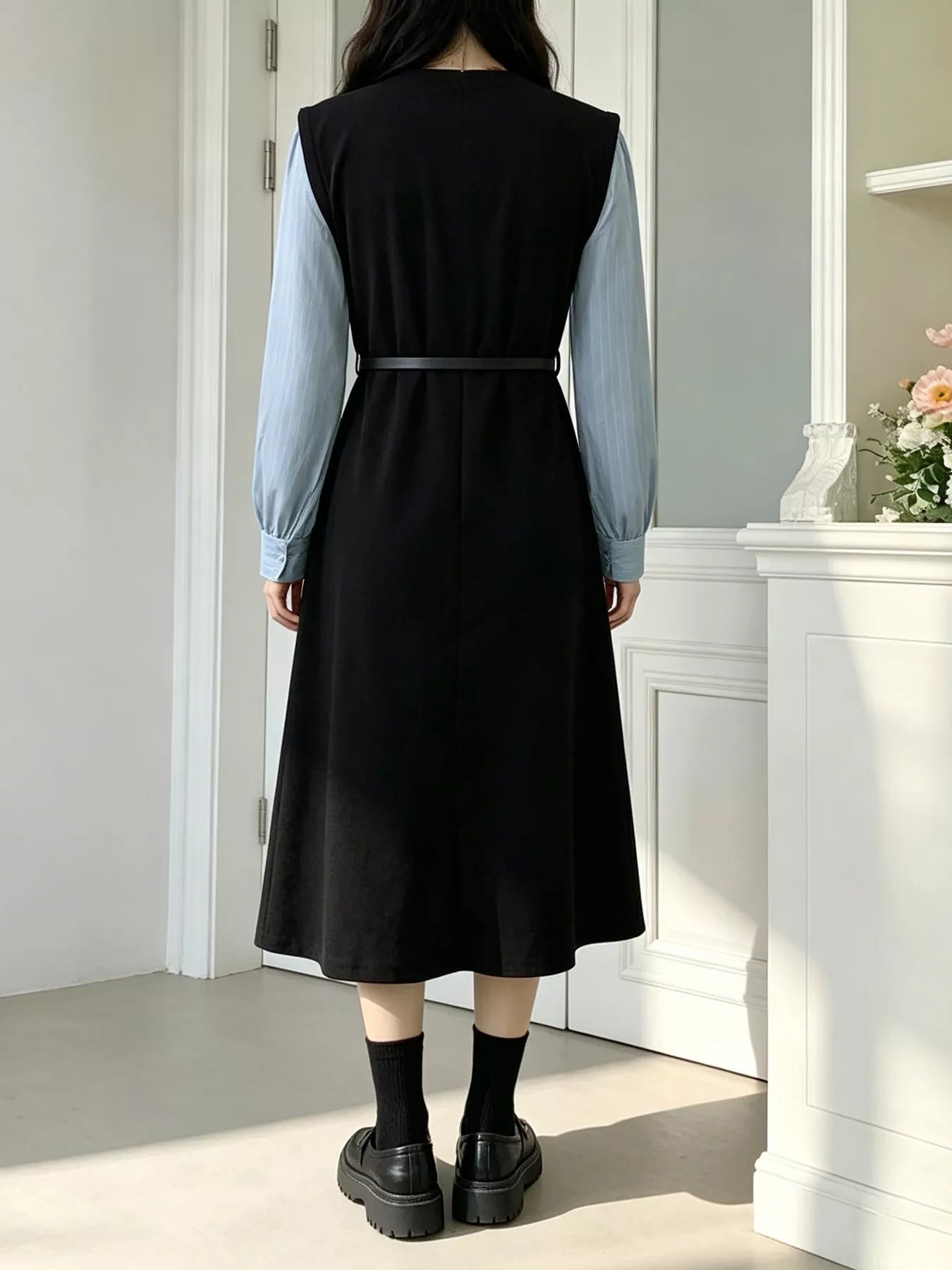 Contrast Sleeve A-Line Dress with Belt