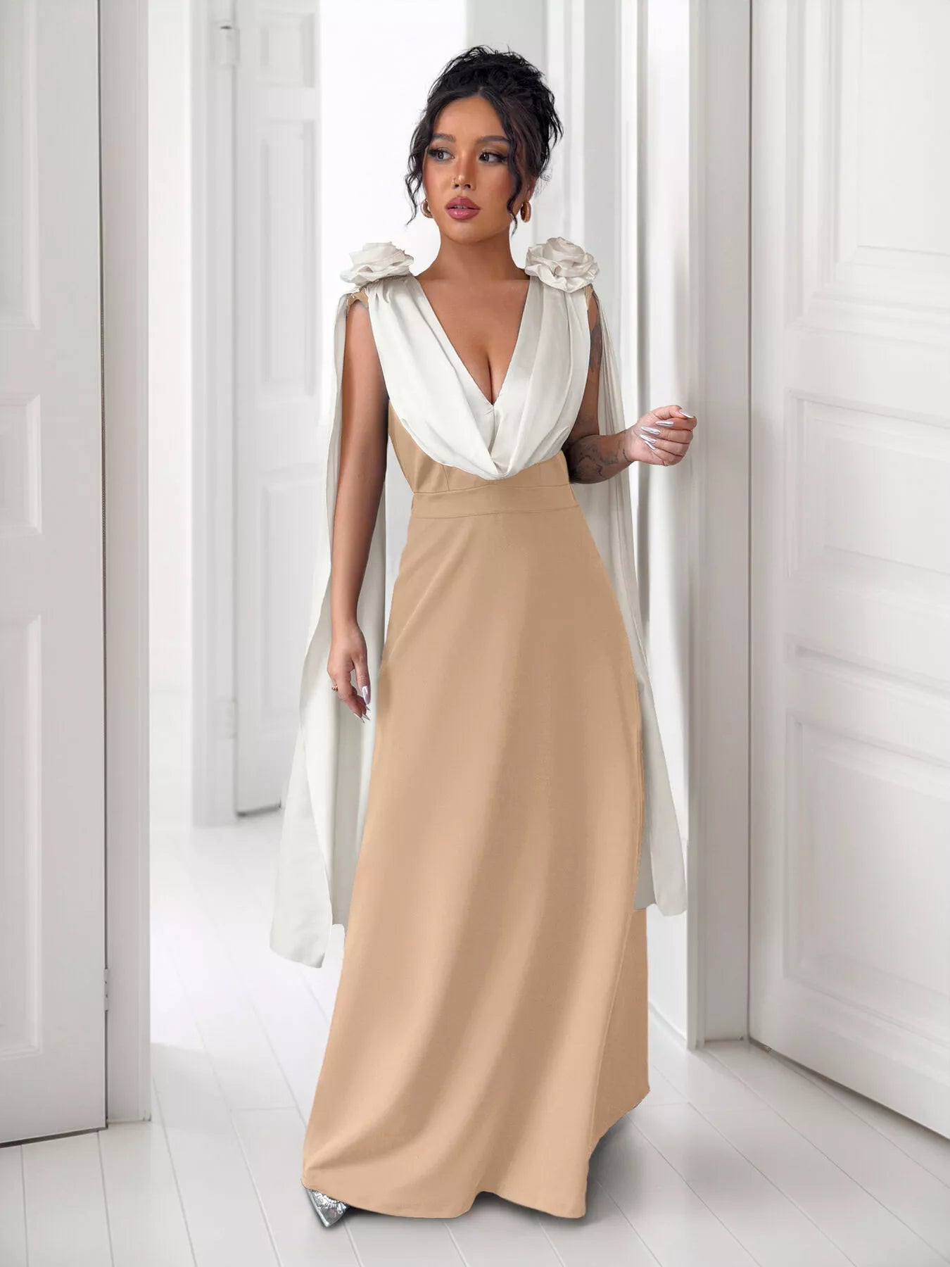 Floral Applique Two Tone Maxi Dress