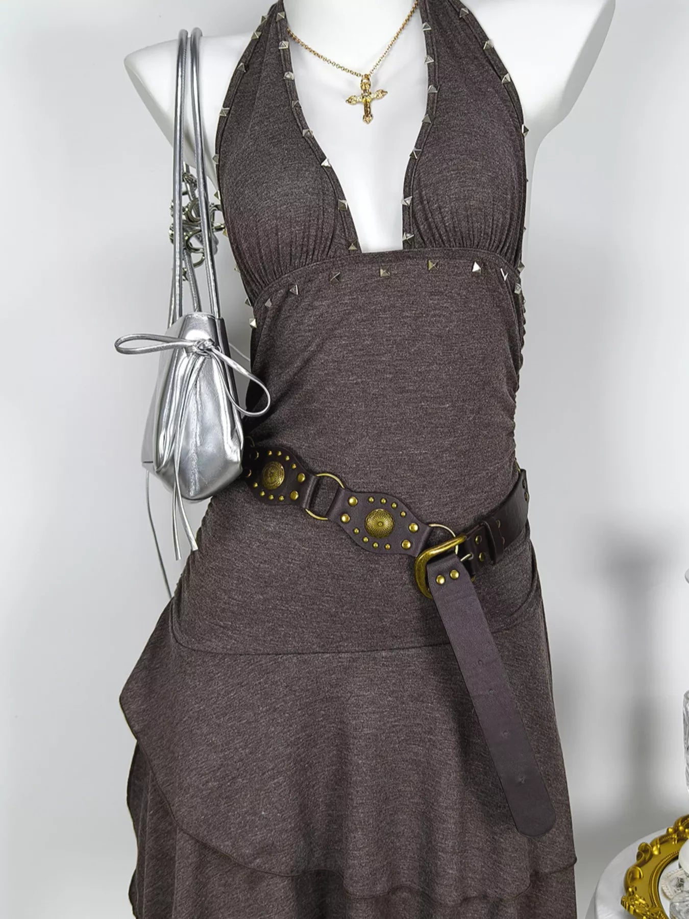Studded Halter Neck Ruffle Hem Mini Dress
