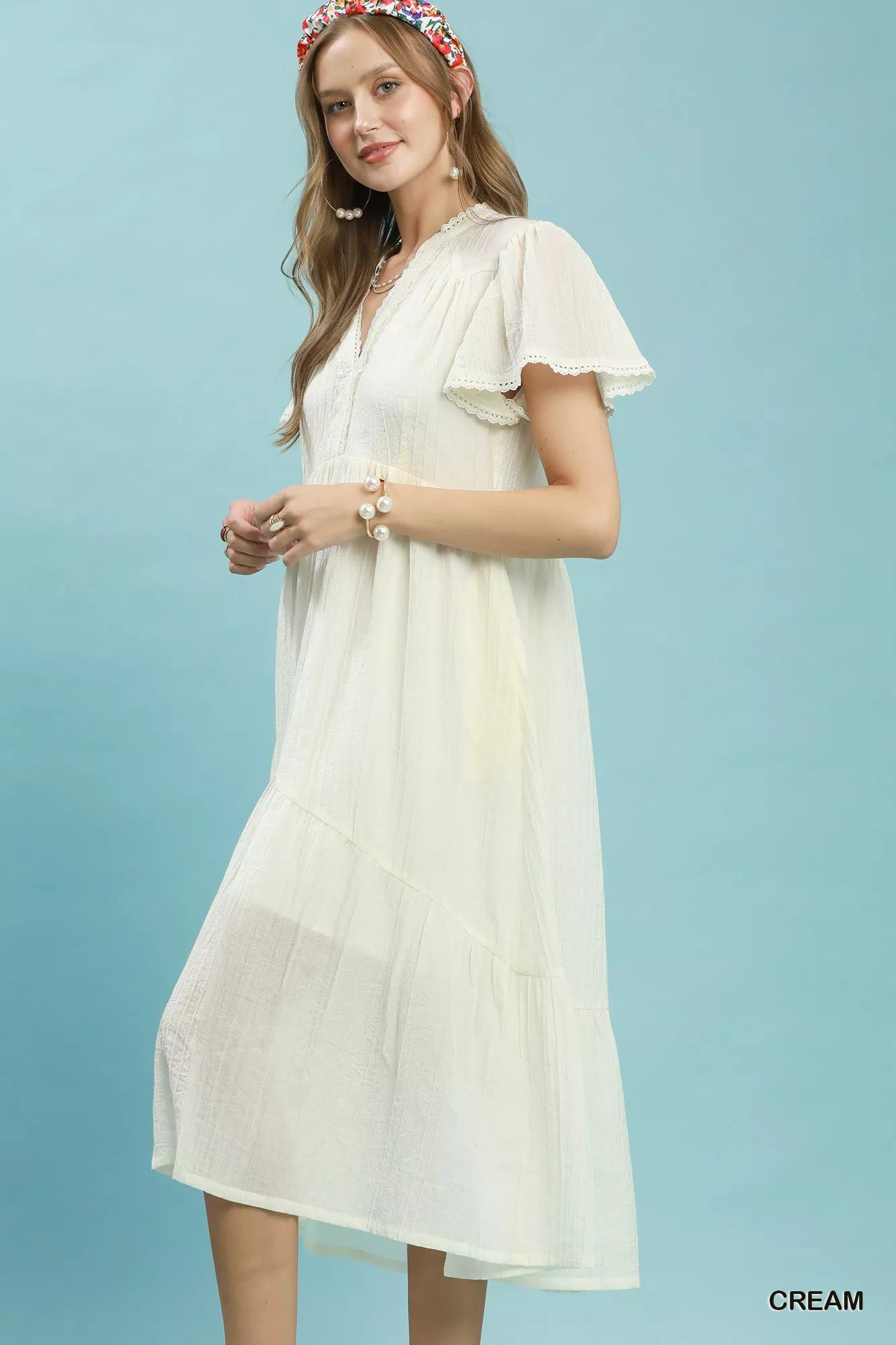 Umgee Textured Tiered Midi Dress with Side Pockets