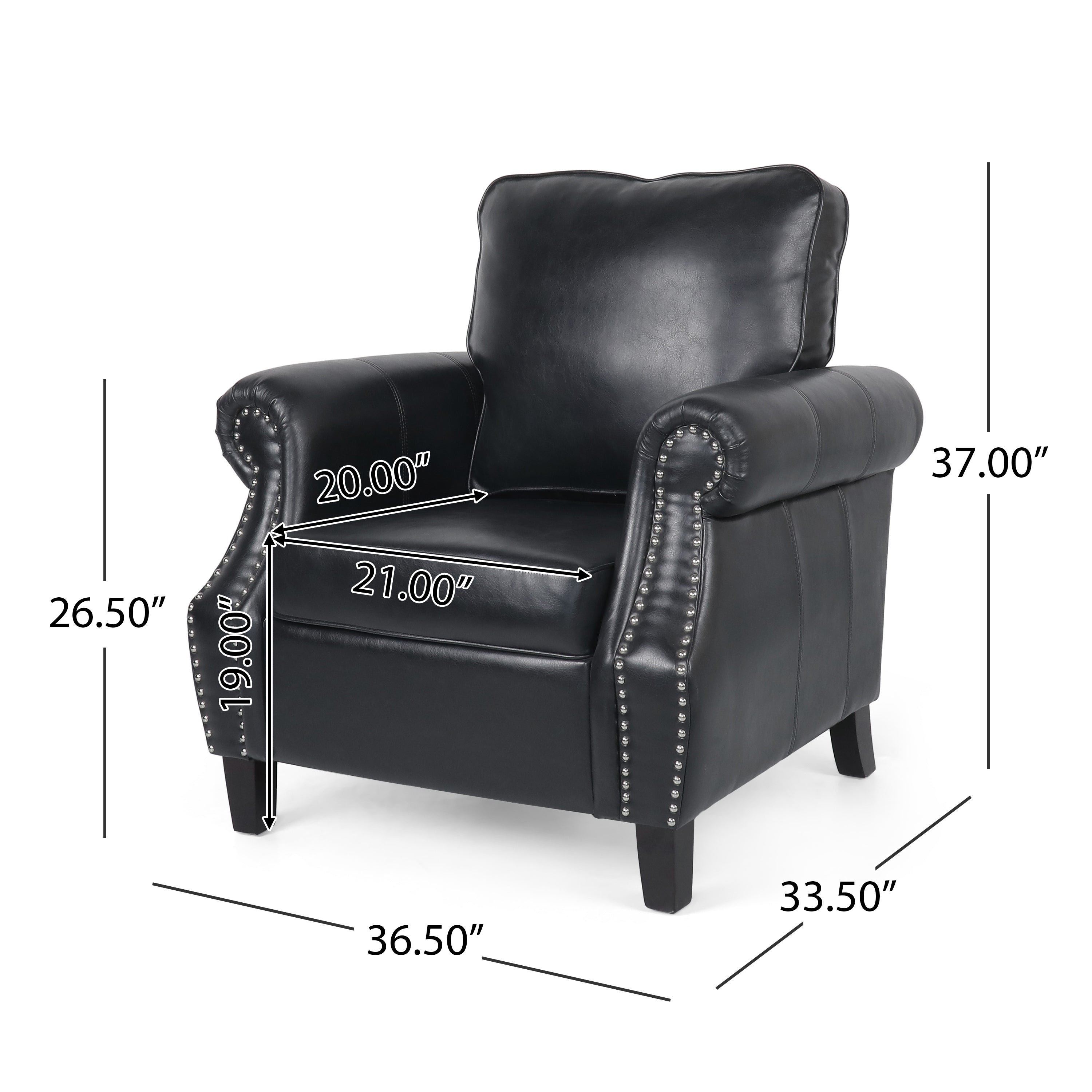 Club Chair Contemporary PU Leather Black Rolled Arms Nailhead Trim 37 In