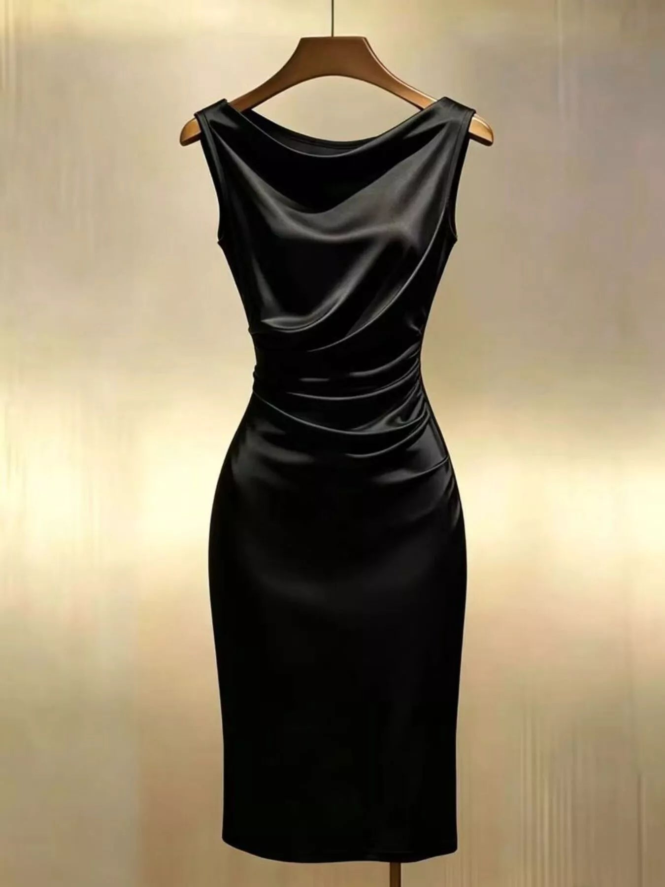 Satin Cowl Neck Ruched Sleeveless Dress