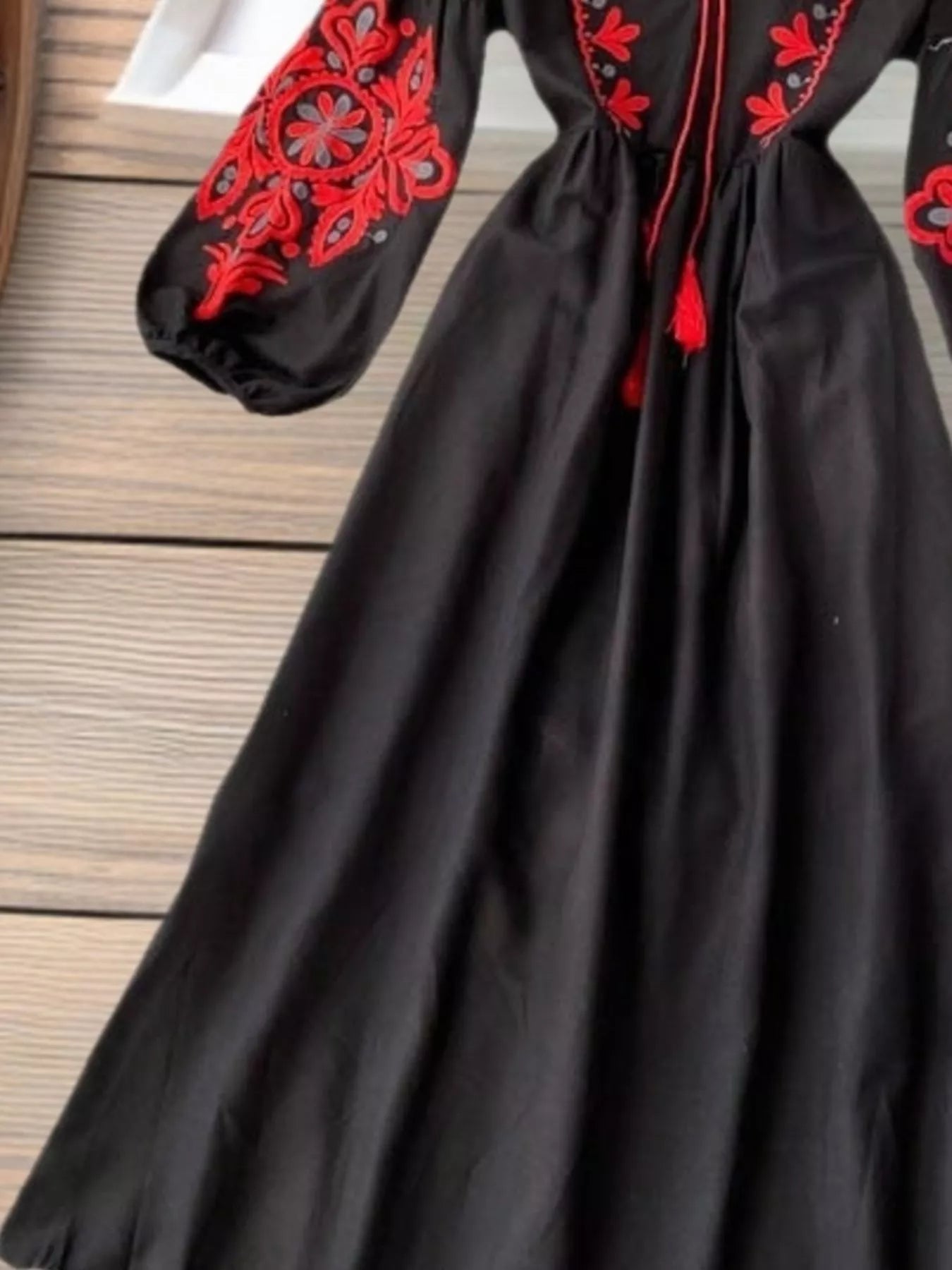Embroidered Tie Neck Long Sleeve Dress