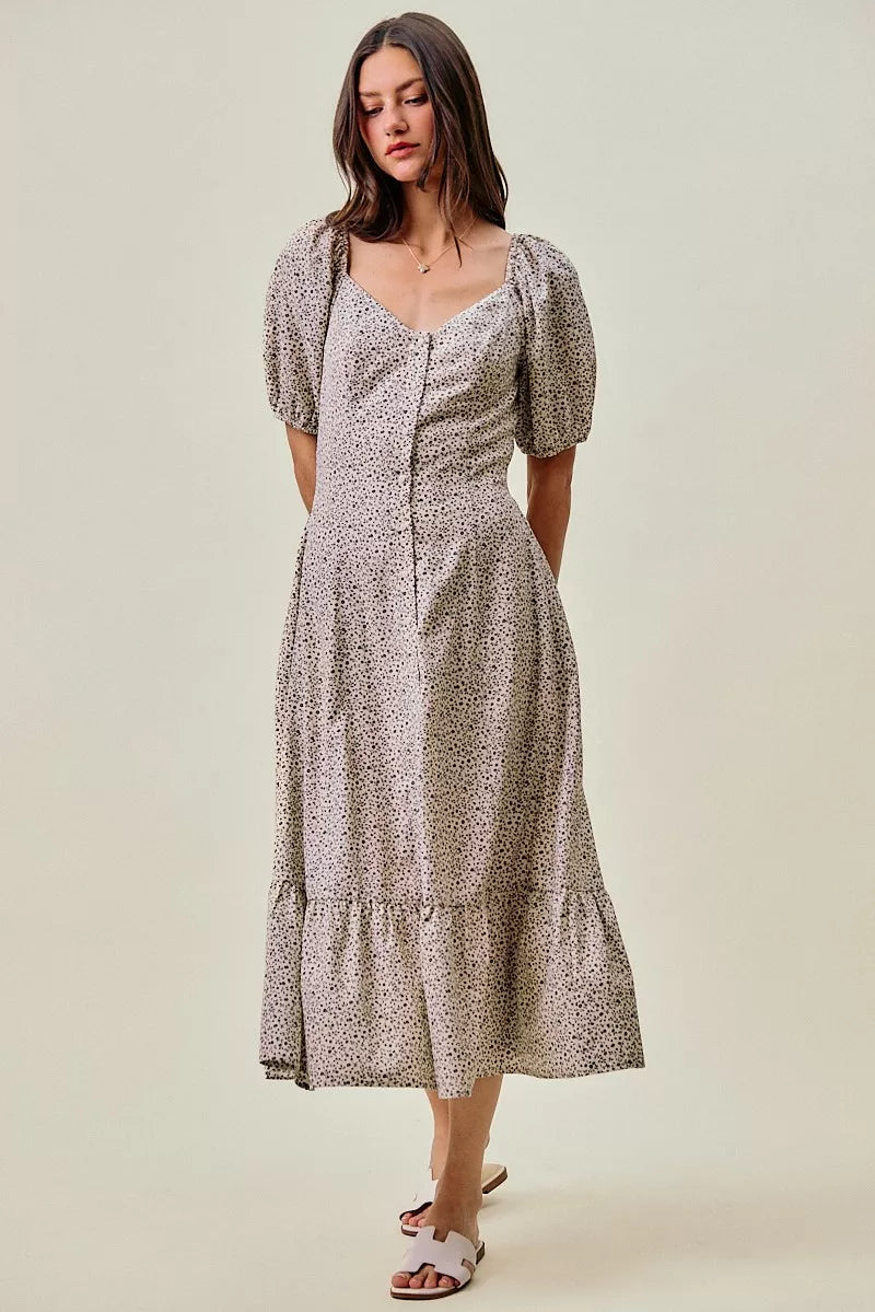 SO ME Ditsy Floral Self Belt On Elastic Waist Maxi Dress