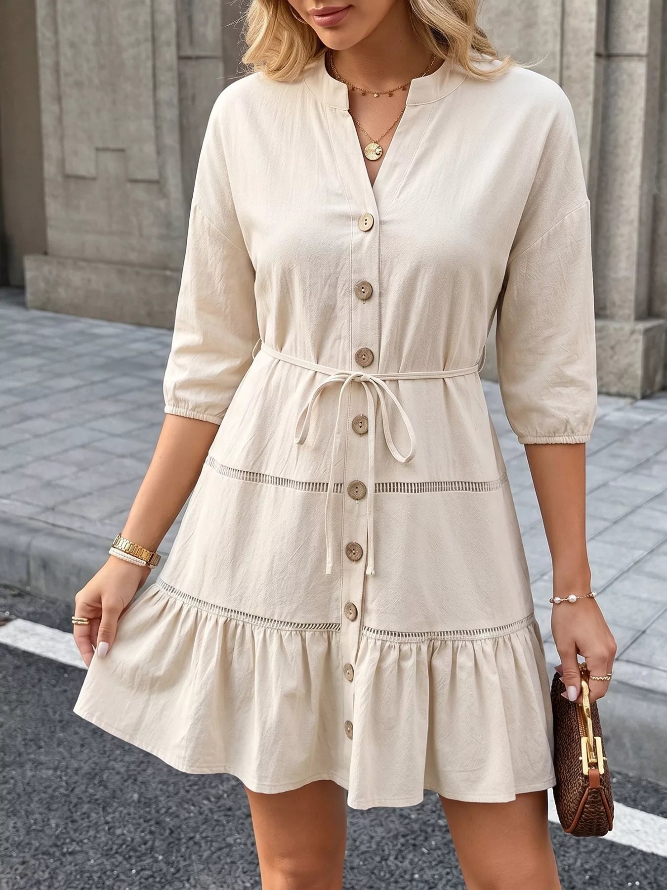 Button-Front Ruffle Hem Mini Dress
