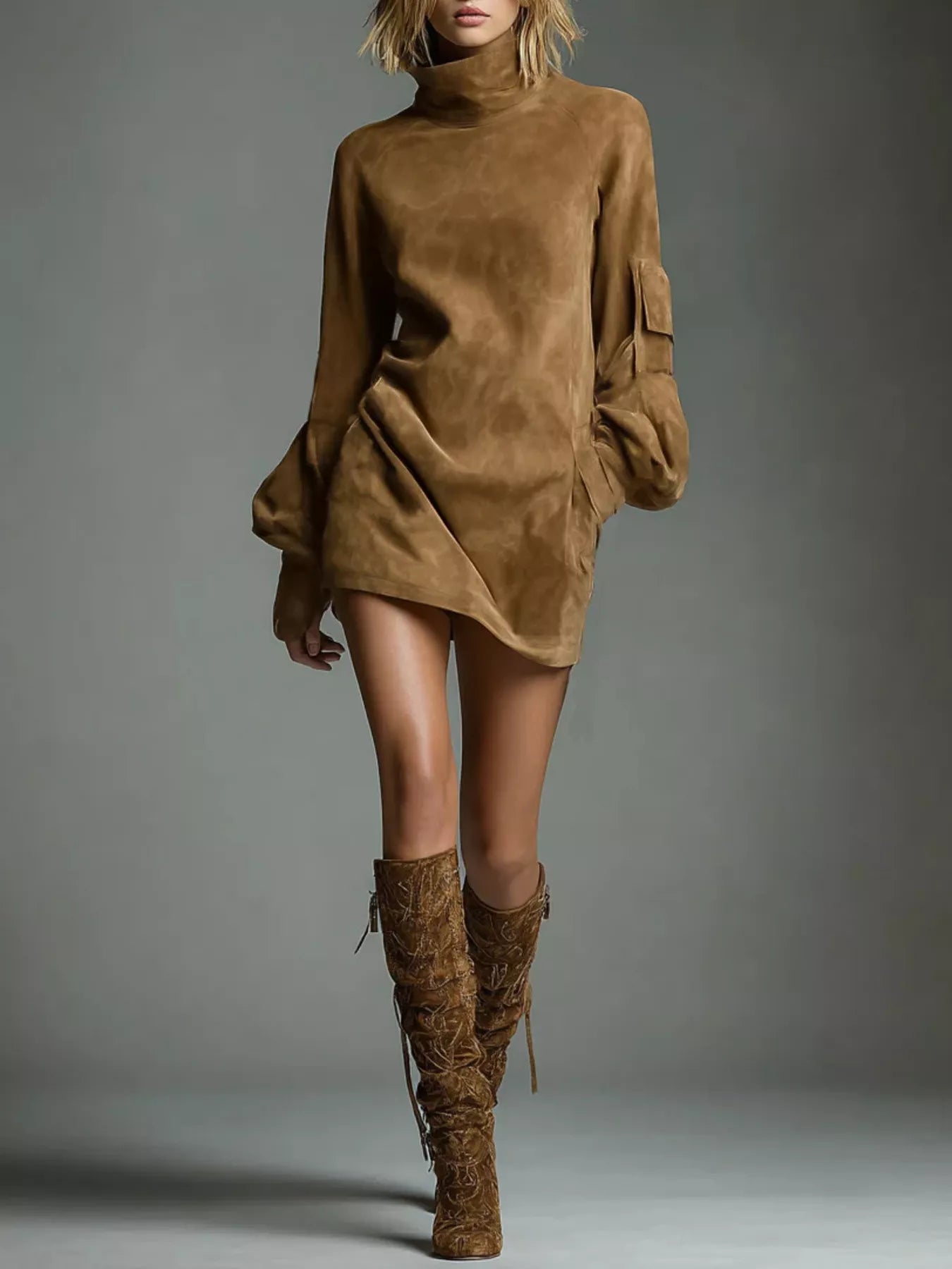 Full Size Suede Turtleneck Lantern Sleeve Mini Dress Plus Size