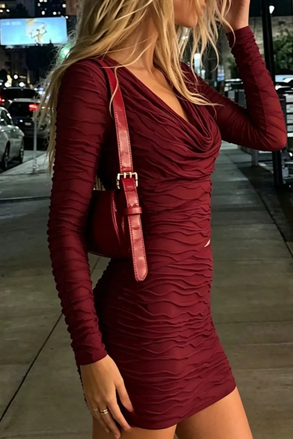 Ruched Cutout Cowl Neck Long Sleeve Mini Dress