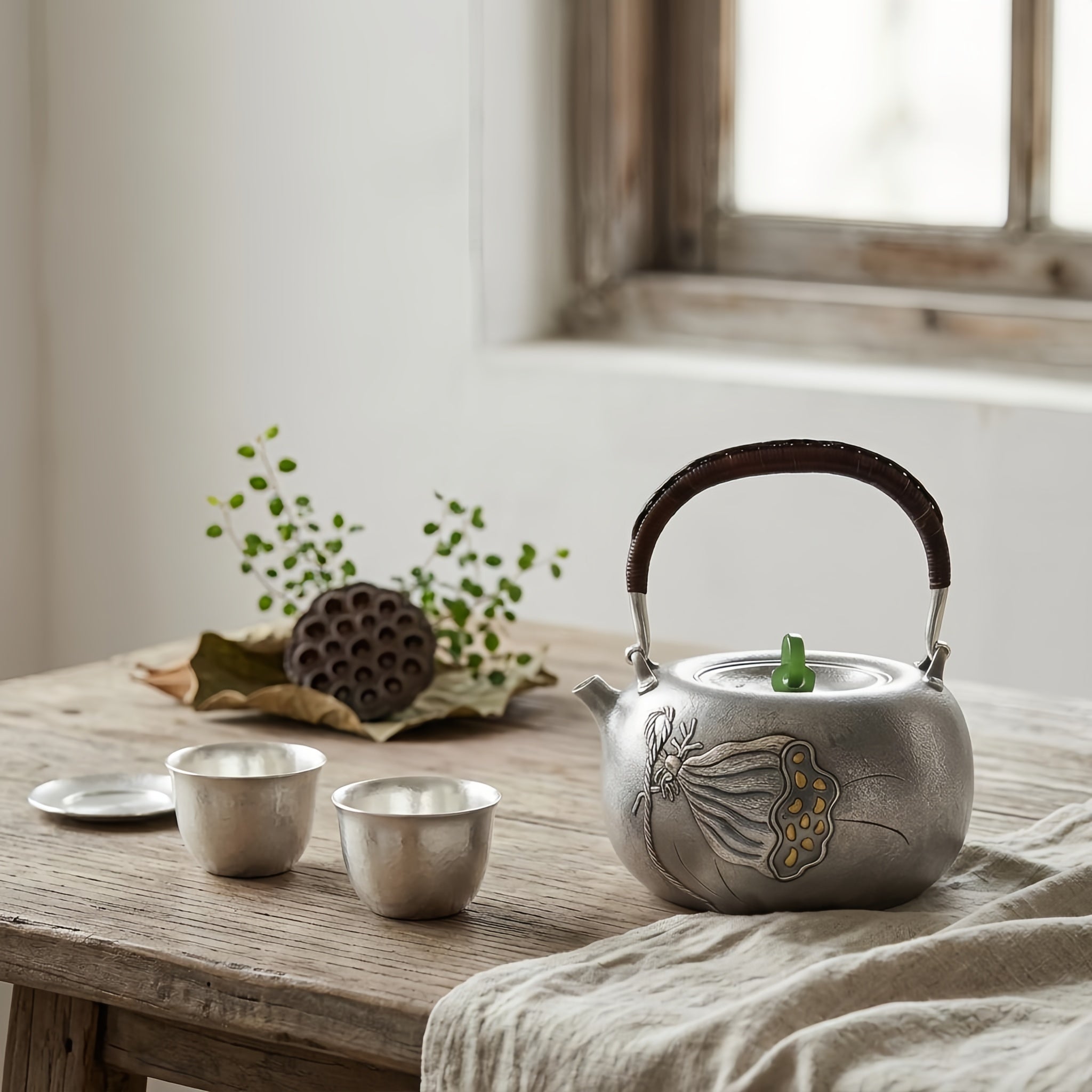 Pure 999 Fine Silver Handmade Silver Teapot with Lotus Seed Pod Motif and Woven Rattan Handle - Handicraft