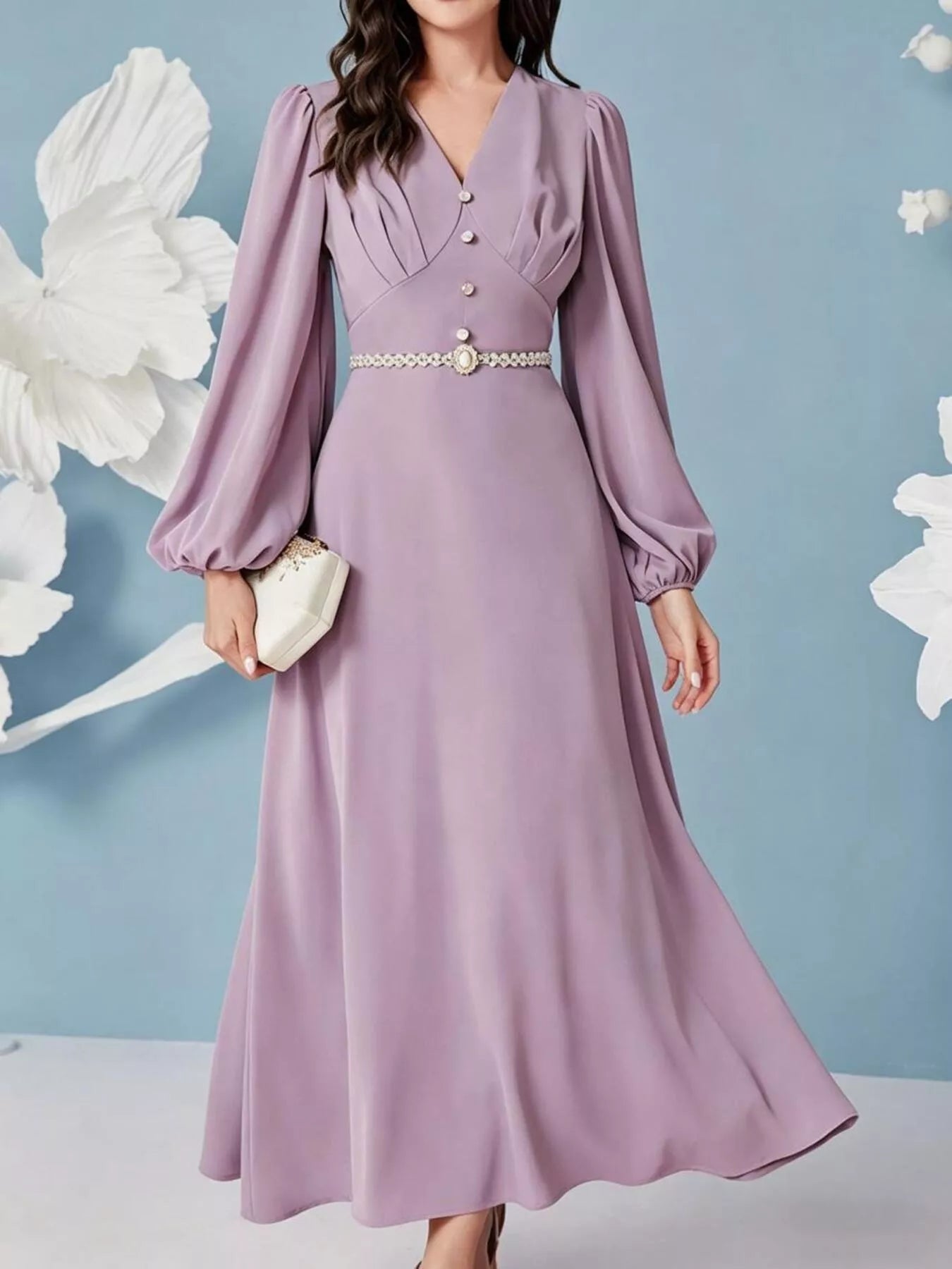 V-Neck Balloon Sleeve Maxi Dress