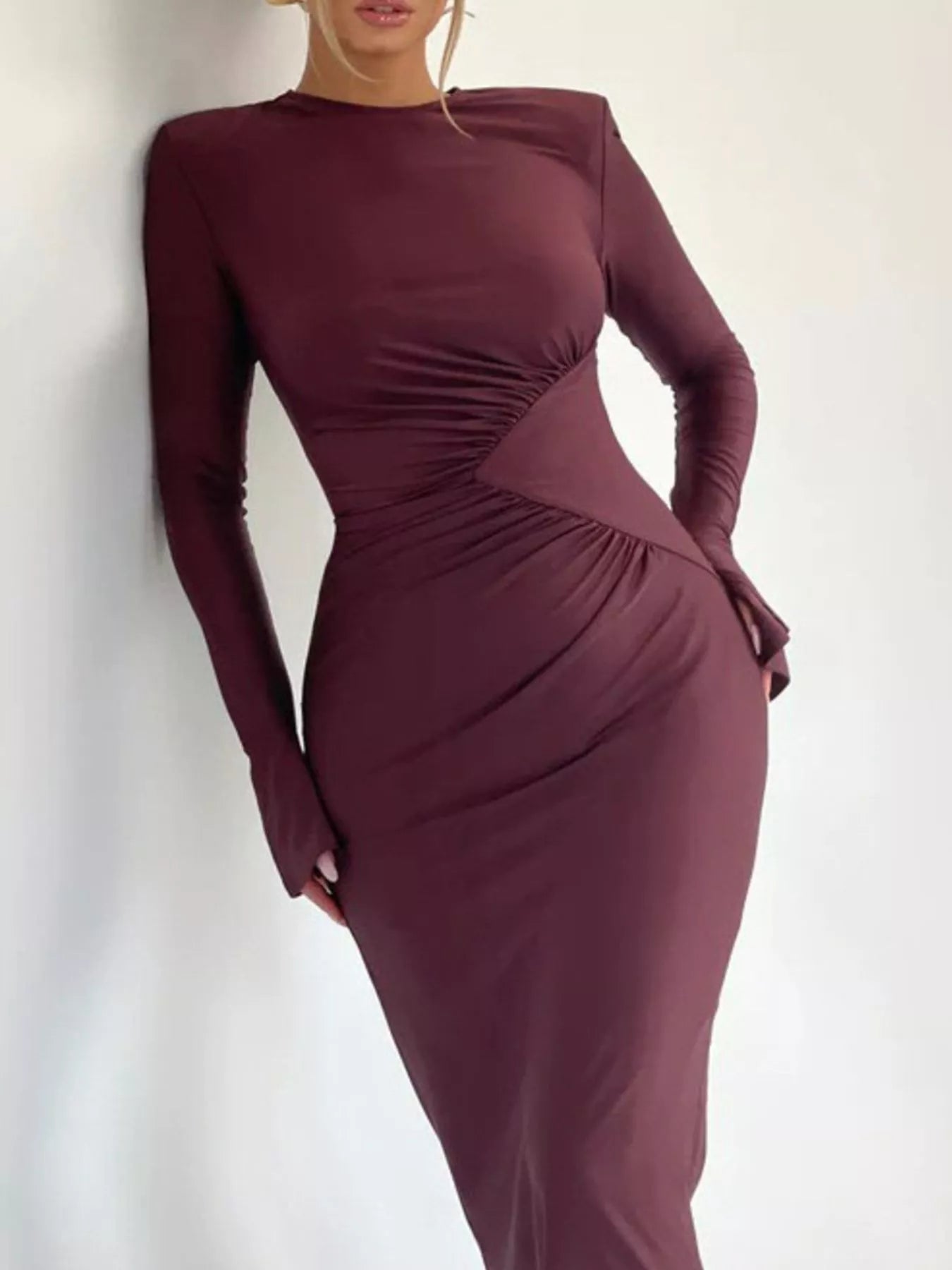 Ruched Long Sleeve Bodycon Maxi Dress