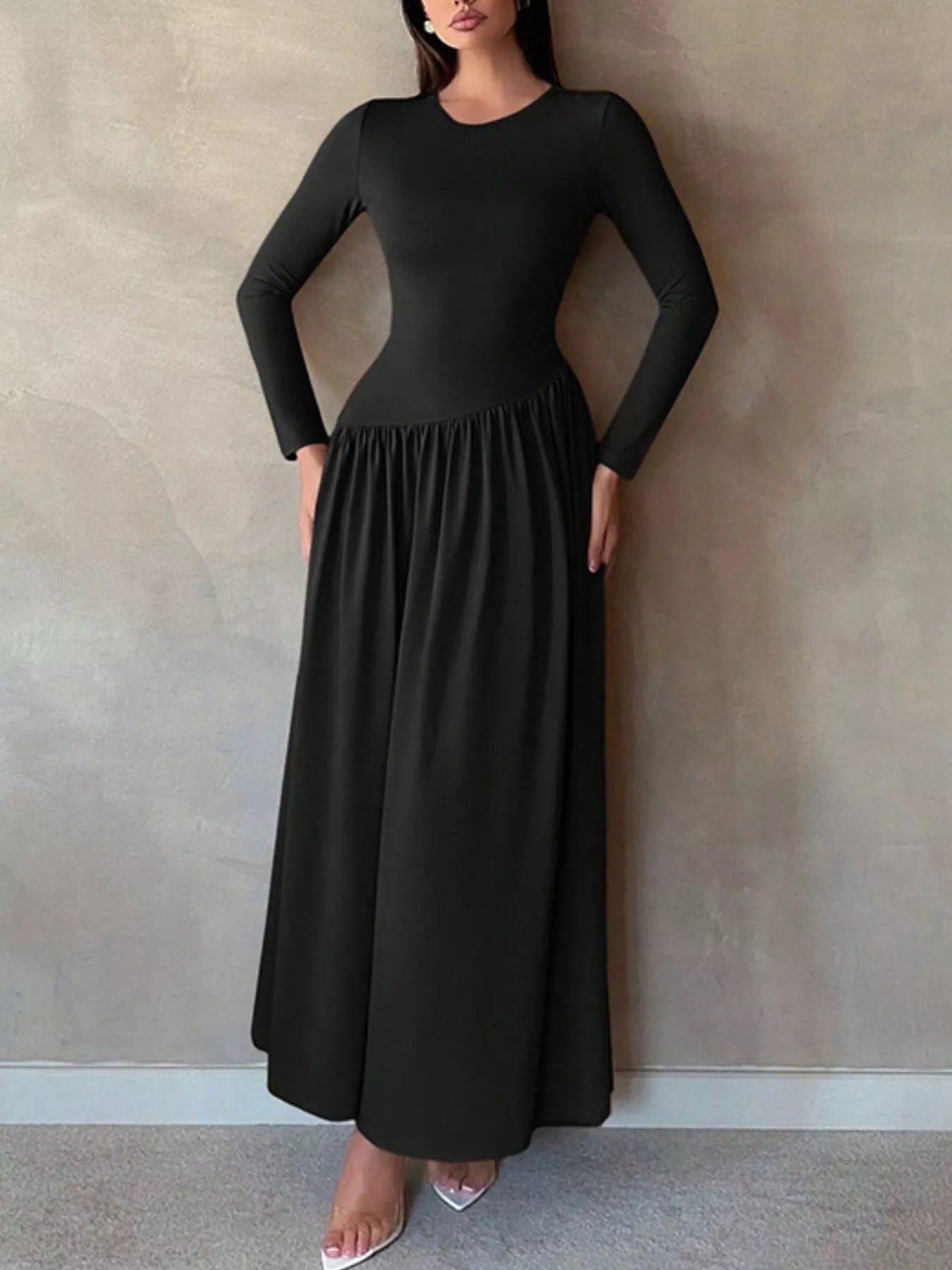 Long Sleeve Ruched A-Line Maxi Dress