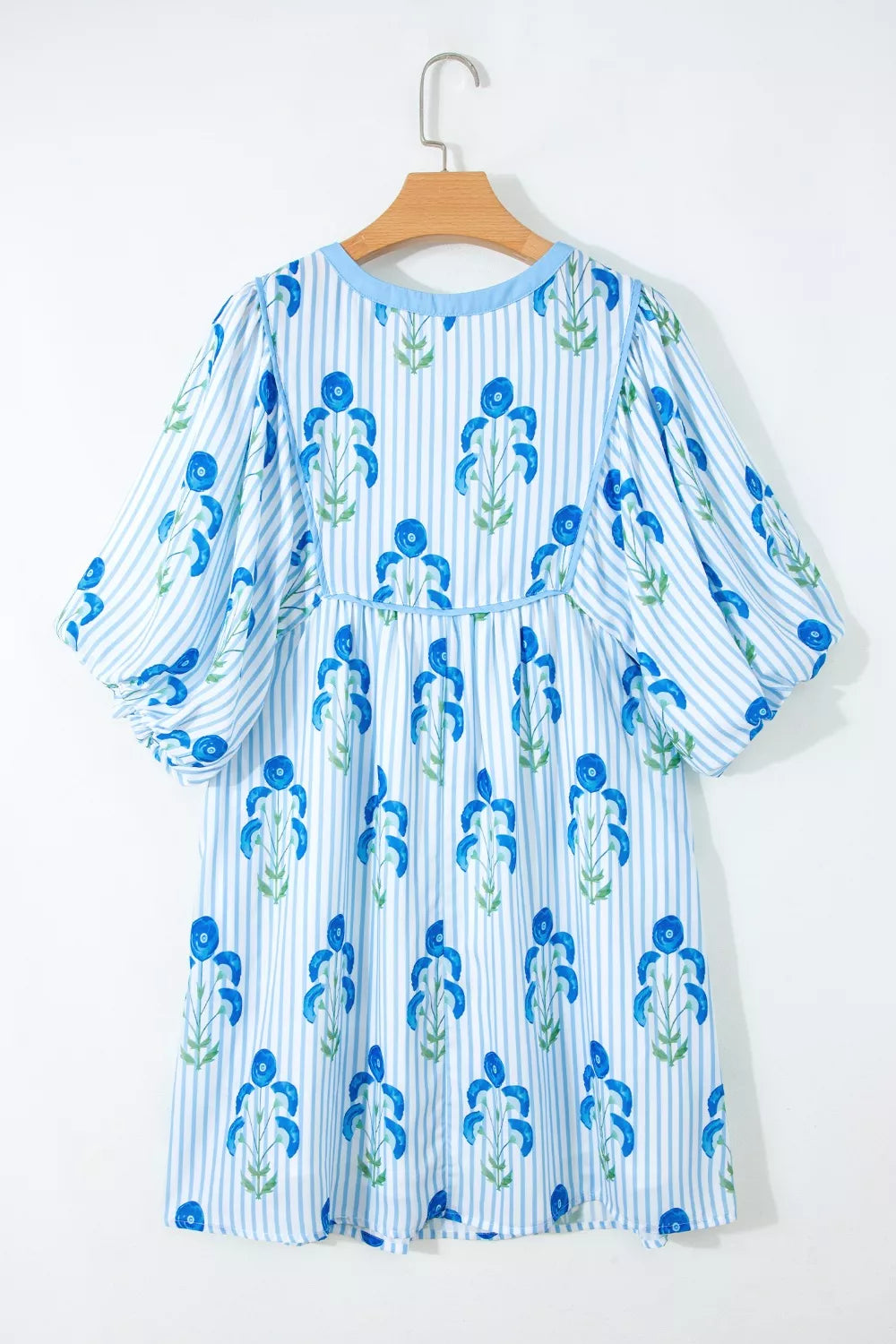 Floral Striped Print Tie Notched Neck Puff Sleeve Flared Mini Dress