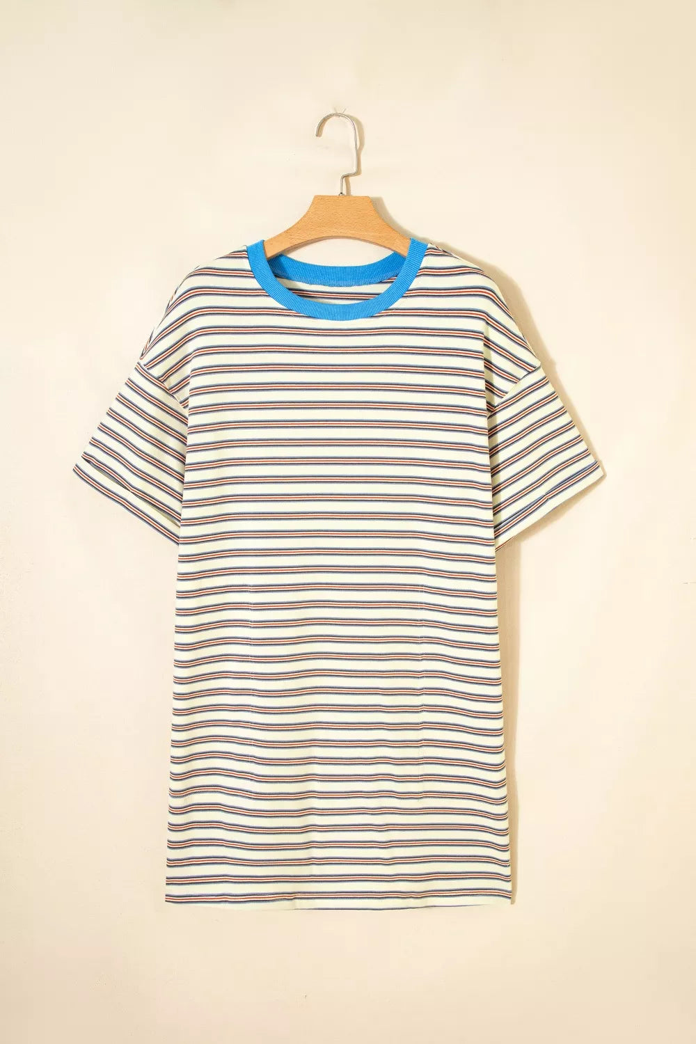 Stripe Drop Shoulder Cuffed Sleeve Loose Tunic T Shirt Mini Dress