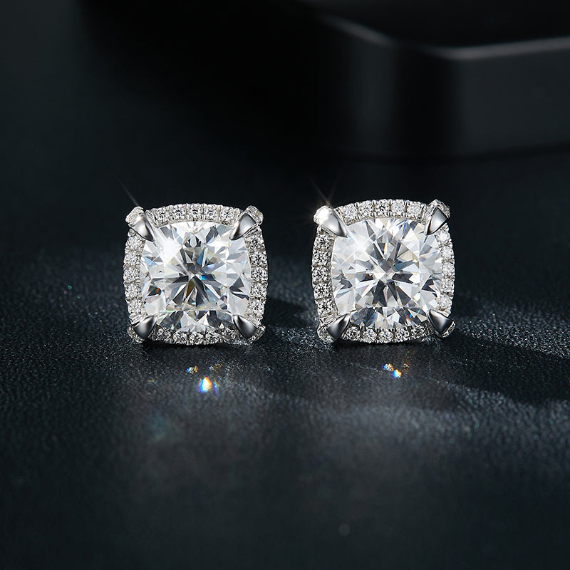 S925 Sterling Silver 8x8mm Cushion Cut Moissanite Stud Earrings Platinum Plated Halo Setting With GRA Certificate Luxury Jewelry Gift Box Set For Women