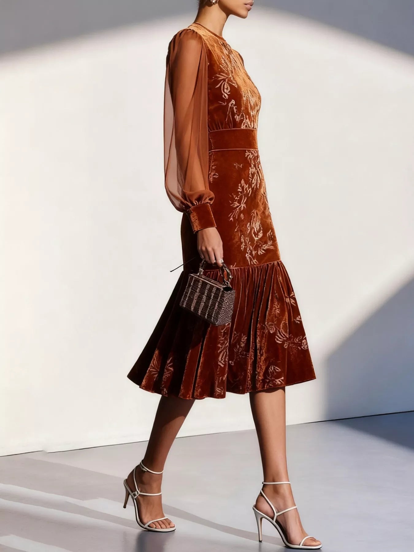 Velvet Floral Lantern Sleeve Midi Dress