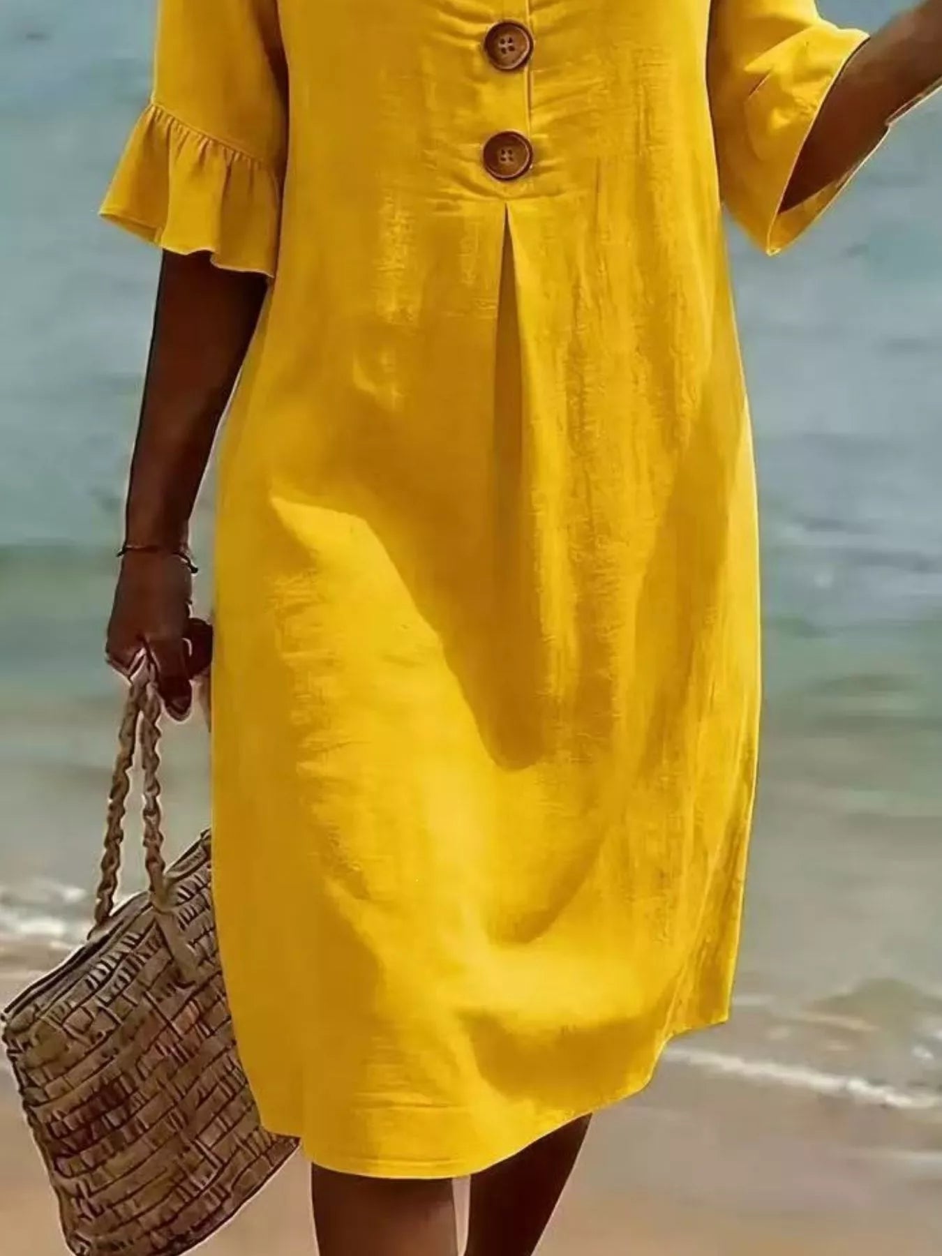 Full Size Button Decor Flounce Sleeve Dress Plus Size