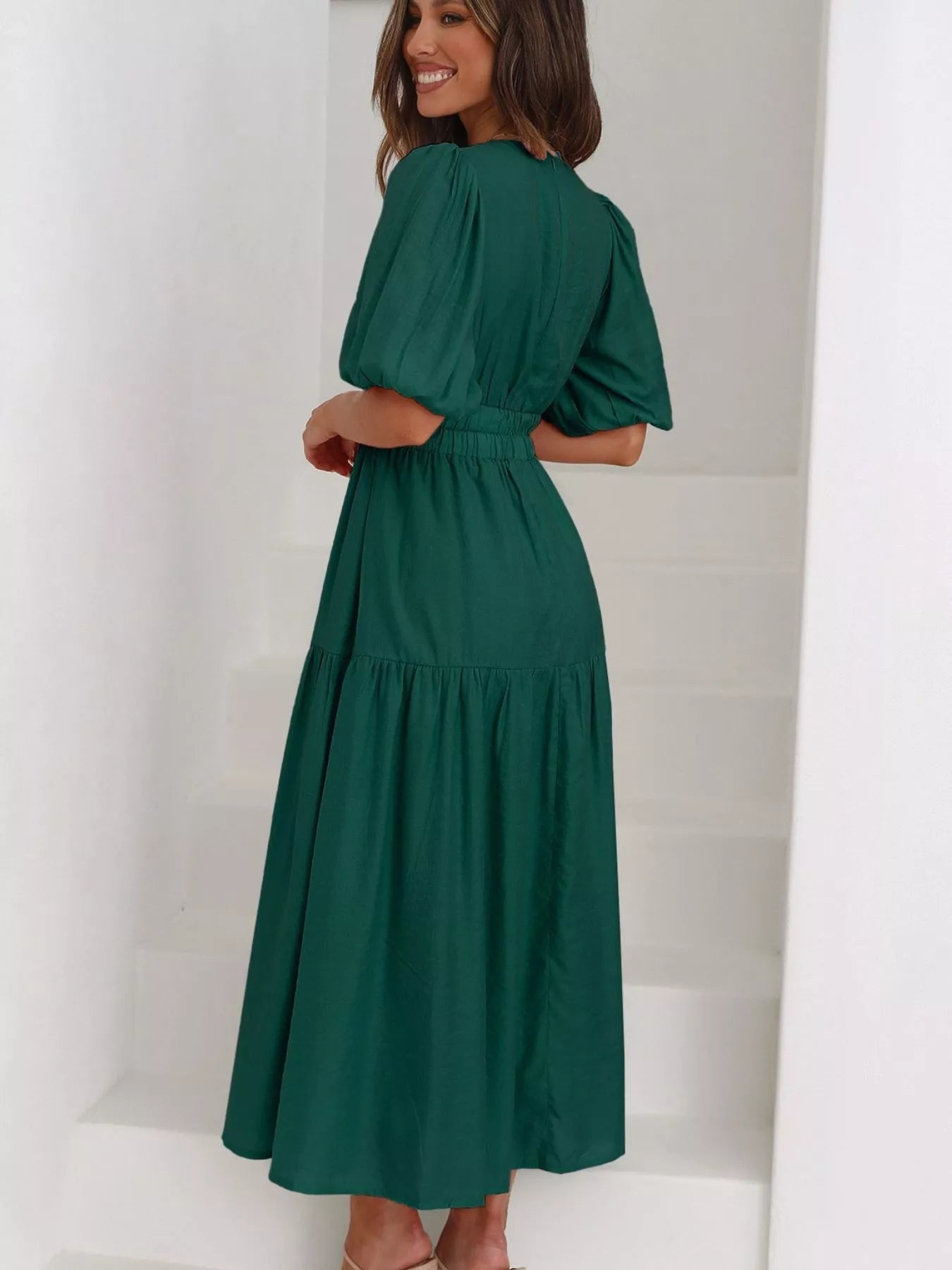 V-Neck Puff Sleeve Midi Dress