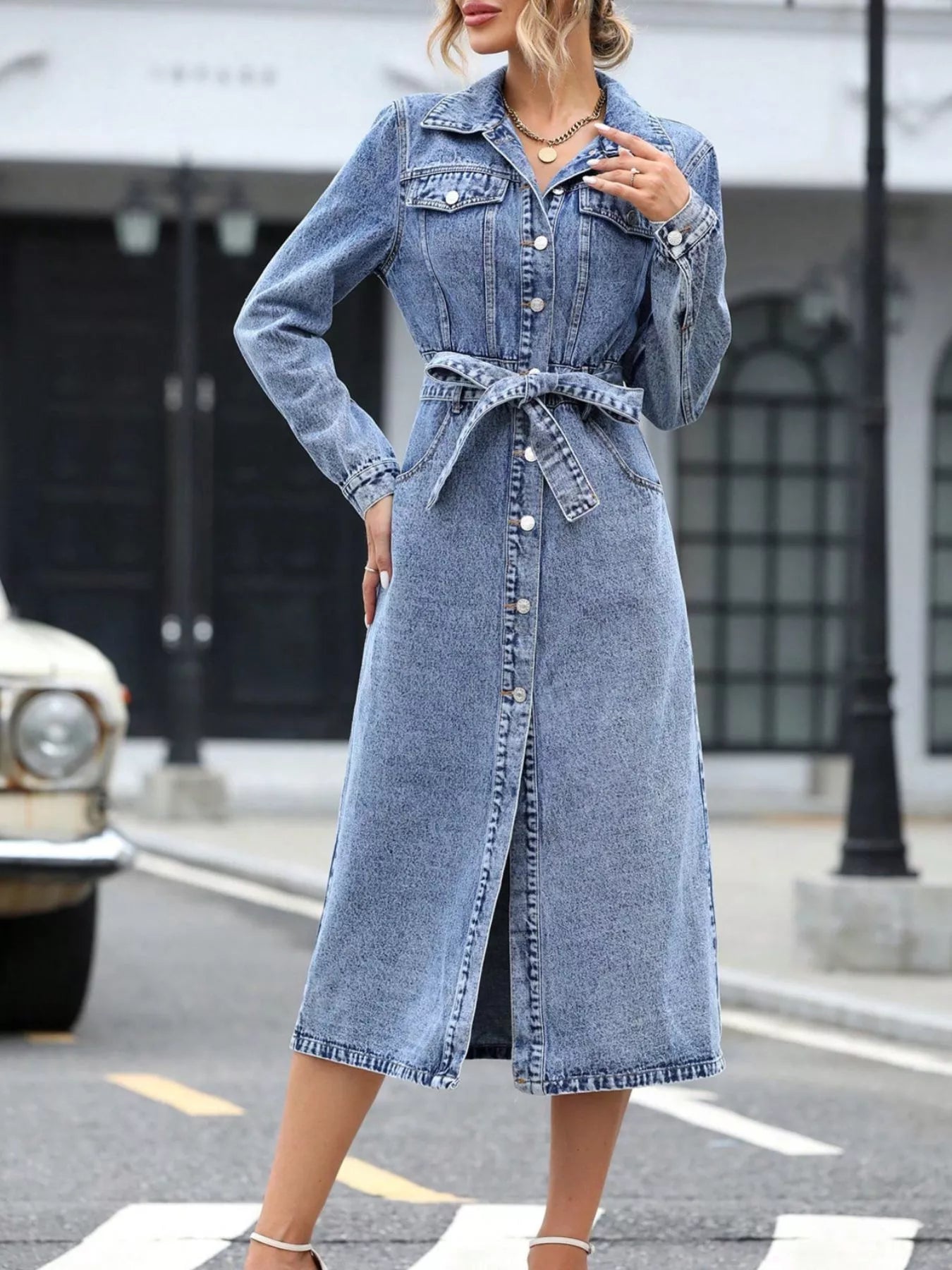 Belted Long Sleeve Denim Dress