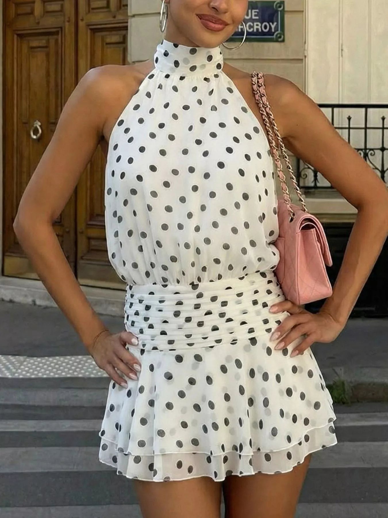 Polka Dot Halter Neck Ruffle Dress